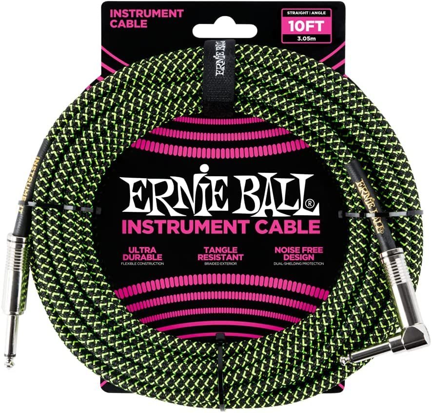 Ernie Ball Braided Instrument Cable, Straight/Angle, 10ft, Neon Green/Black (P06077)