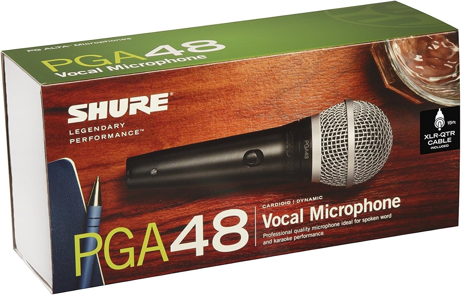 Shure PGA48 Dynamic Microphone - Handheld Mic for Vocals with Cardioid Pick-up Pattern, Discrete On/Off Switch, 3-pin XLR Connector, 15' XLR-to-QTR Cable, Stand Adapter and Zipper Pouch (PGA48-QTR)