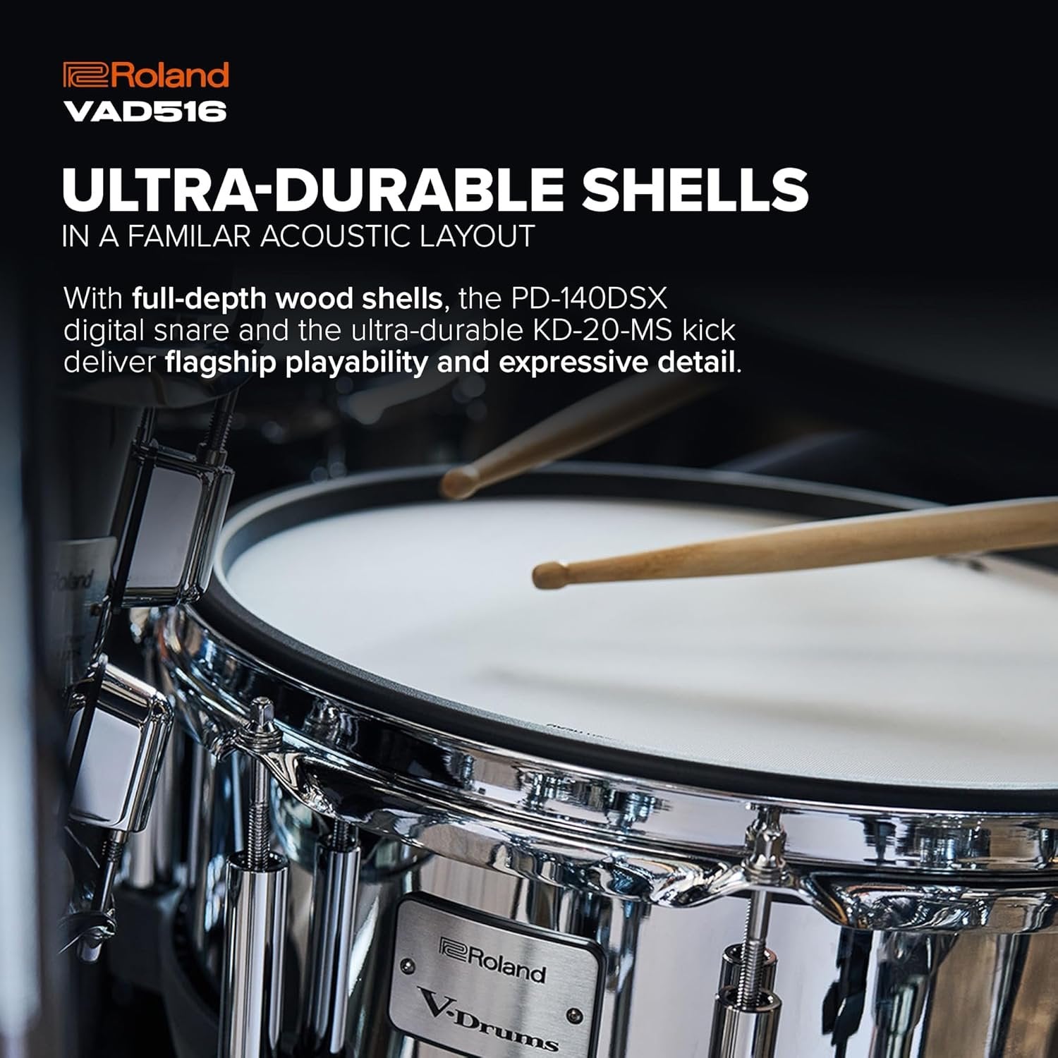 Roland VAD516 V-Drums | 5 Series Flagship V-Drum Kit | V51 Sound Module | Advanced Sound Technology Full-Depth Wood Shell Kit | Studio-Ready Connectivity | Premium Sensor Design
