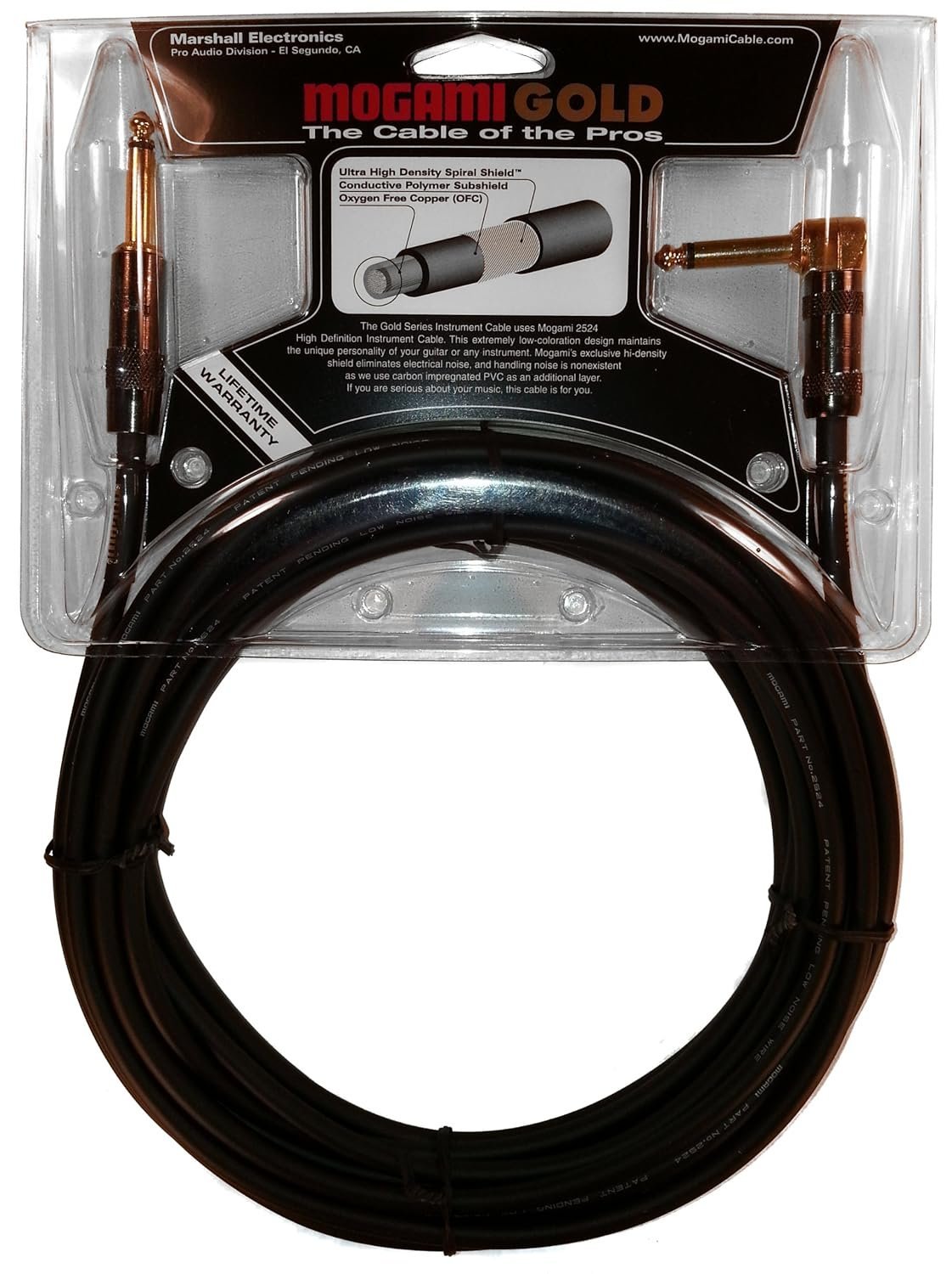 Mogami Gold INSTRUMENT-25R Guitar Instrument Cable, 1/4" TS Male Plugs, Gold Contacts, Right Angle and Straight Connectors, 25 Foot