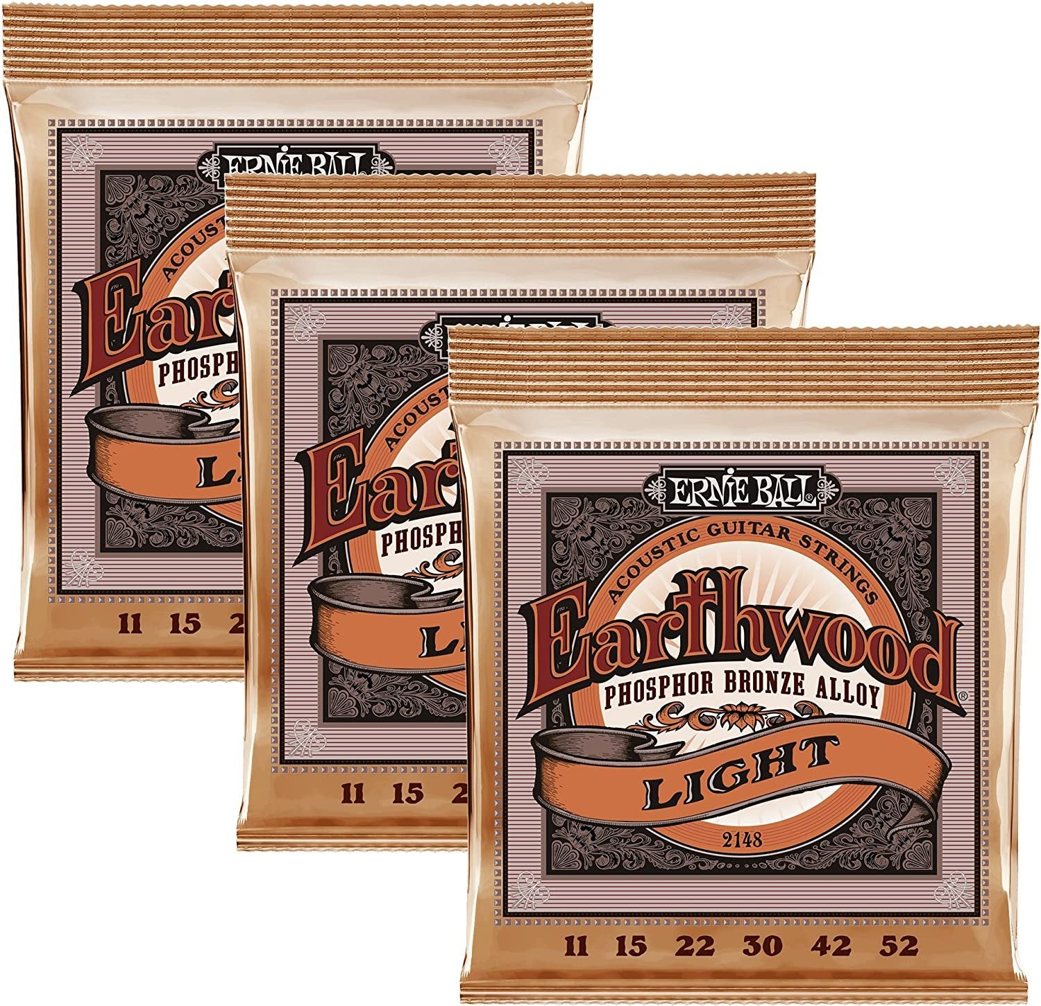 Ernie Ball Earthwood Light Phosphor Bronze Acoustic Guitar Strings 3-pack, 11-52 Gauge (P03448)