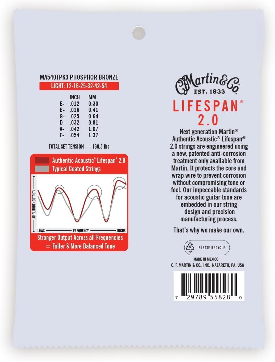 Martin Authentic Acoustic Guitar Strings - 3 Pack - Lifespan 2.0 Treated 92/8 Light