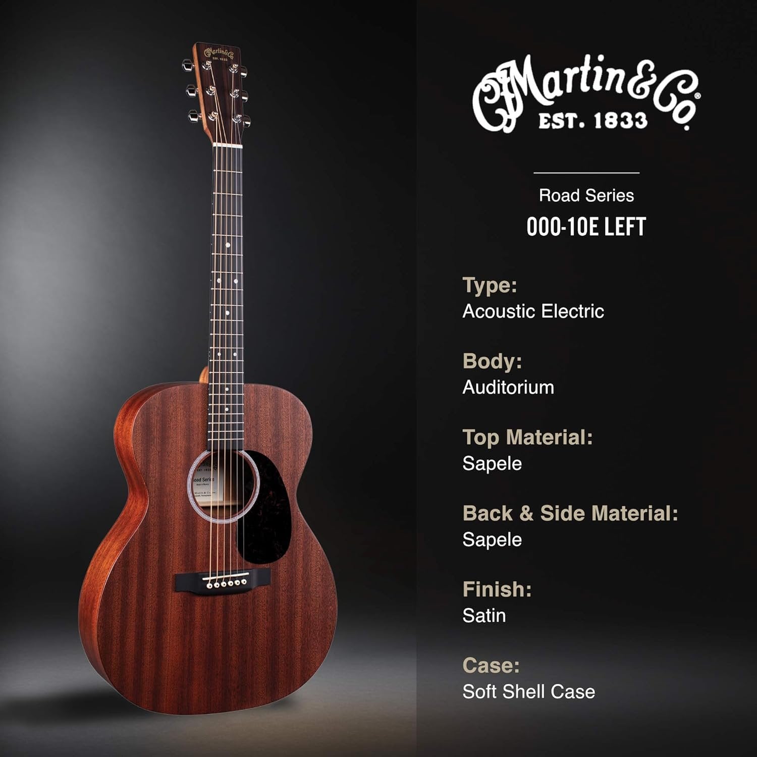 Martin Guitar Road Series 000-10E Acoustic-Electric Guitar with Gig Bag, Sapele Wood Construction, 000-14 Fret and Performing Artist Neck Shape with High-Performance