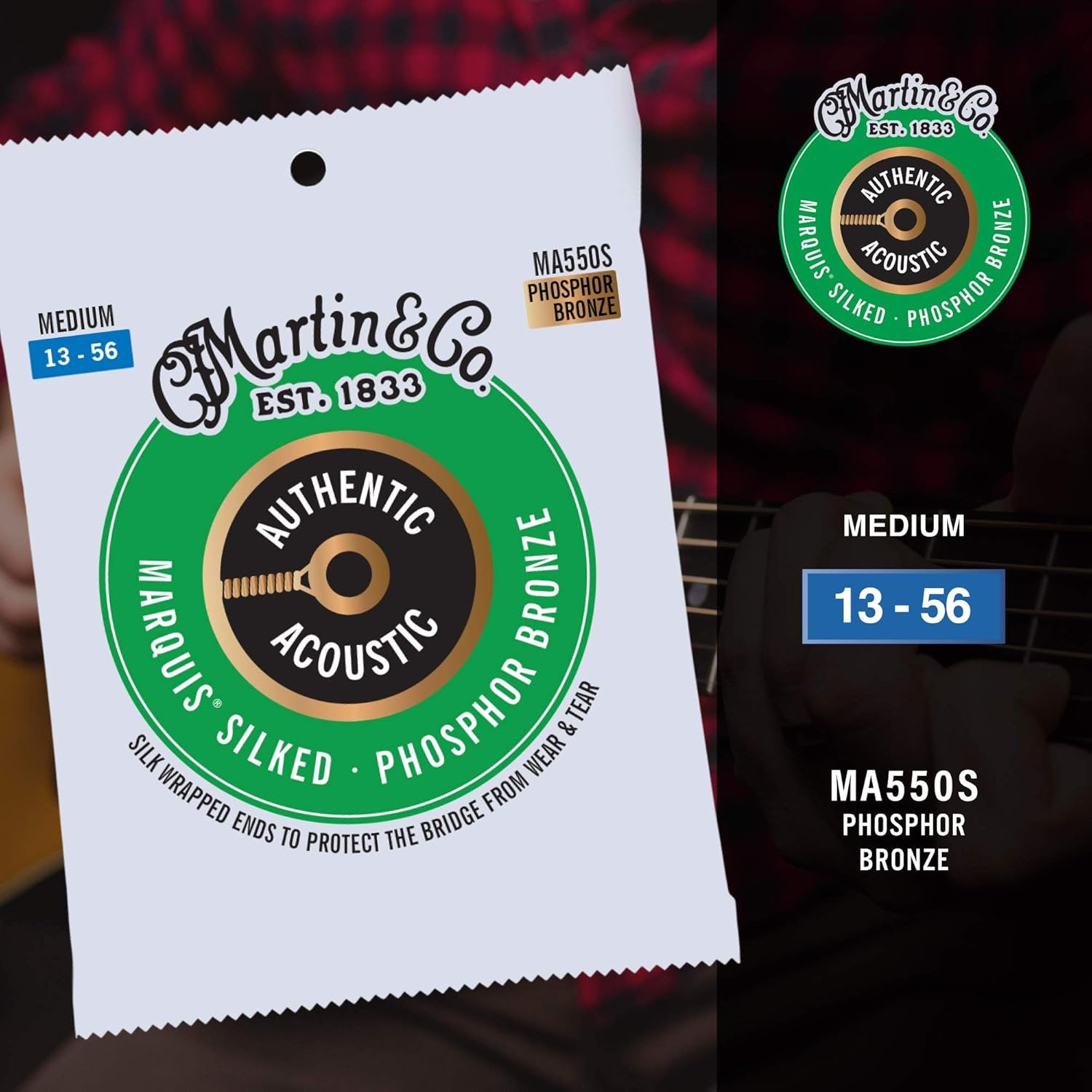 Martin Authentic Acoustic® Marquis® Silked Guitar Strings – Phosphor Bronze, Medium Gauge | Warm, Balanced Tone with Bridge Protection | Silk-Wrapped Ball Ends