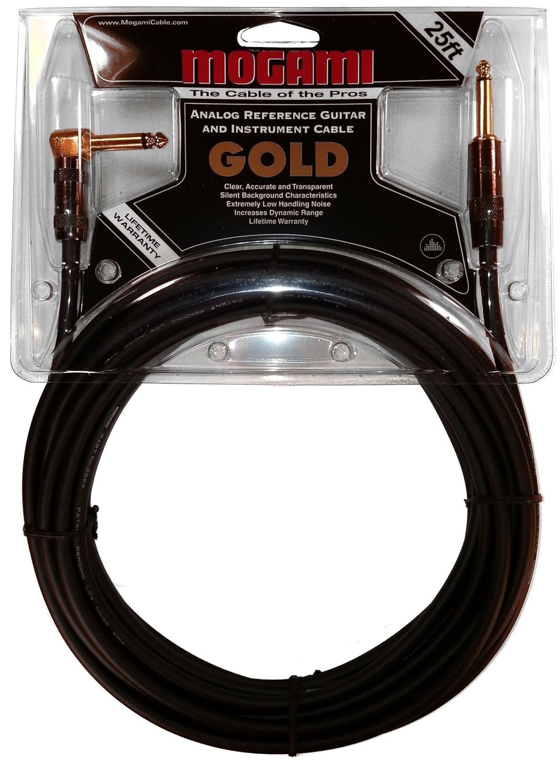 Mogami Gold INSTRUMENT-25R Guitar Instrument Cable, 1/4" TS Male Plugs, Gold Contacts, Right Angle and Straight Connectors, 25 Foot