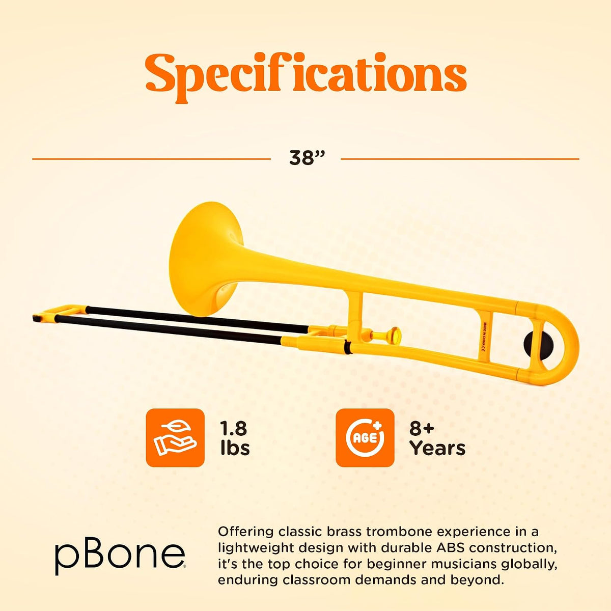 pBone Bb Plastic Trombone - Lightweight pInstruments Design with Ergonomic Grip - Includes Mouthpieces & Carrying Bag - Authentic Bb Sound for Students & Beginners - Durable ABS - Yellow
