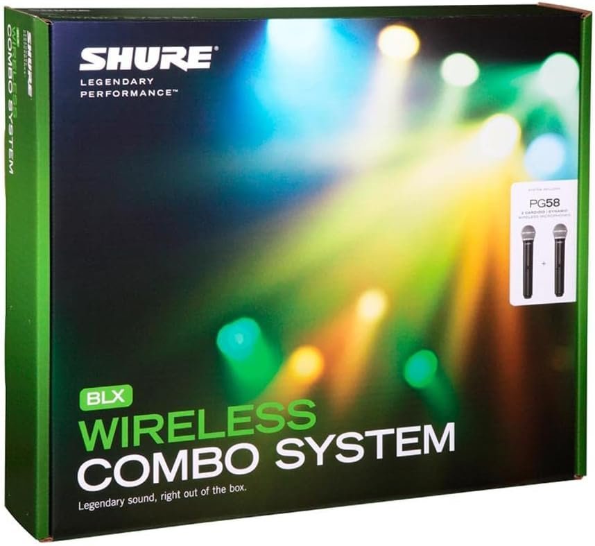 Shure BLX288/PG58 UHF Wireless Microphone System - Perfect for Church, Karaoke, Vocals - 14-Hour Battery Life, 300 ft Range | Includes (2) PG58 Handheld Vocal Mics, Dual Channel Receiver | J11 Band