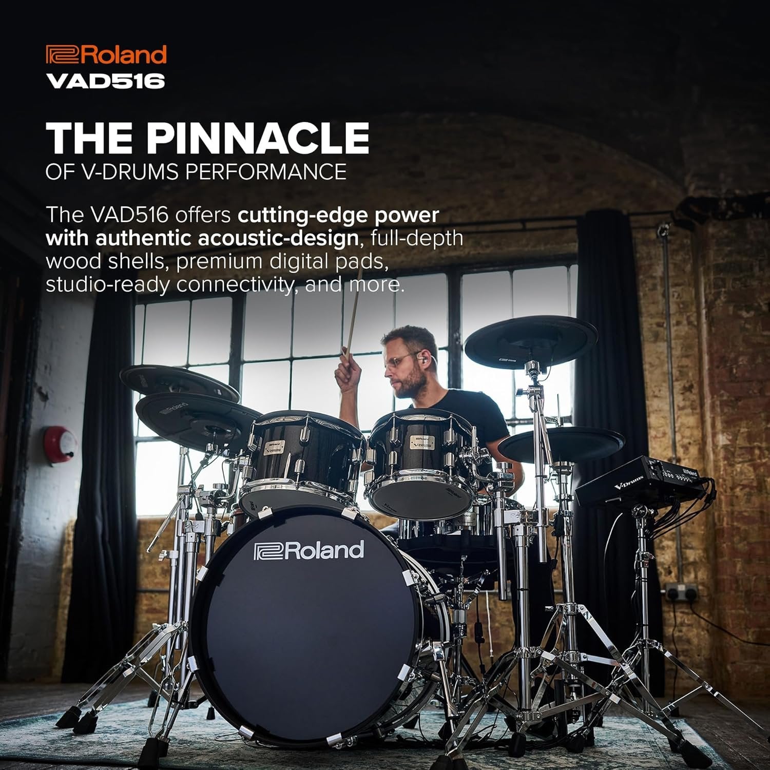 Roland VAD516 V-Drums | 5 Series Flagship V-Drum Kit | V51 Sound Module | Advanced Sound Technology Full-Depth Wood Shell Kit | Studio-Ready Connectivity | Premium Sensor Design