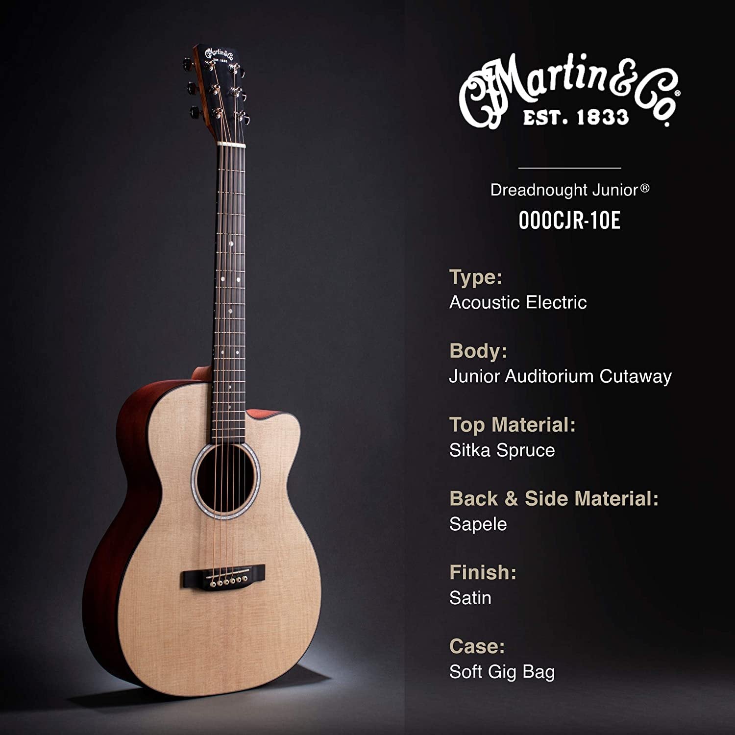 Martin Guitar 000CJr-10E Junior Cutaway Electric-Acoustic Guitar with Gig Bag, Sitka Spruce Construction, Satin Finish, 000 Junior-14 Fret, Junior Neck Shape