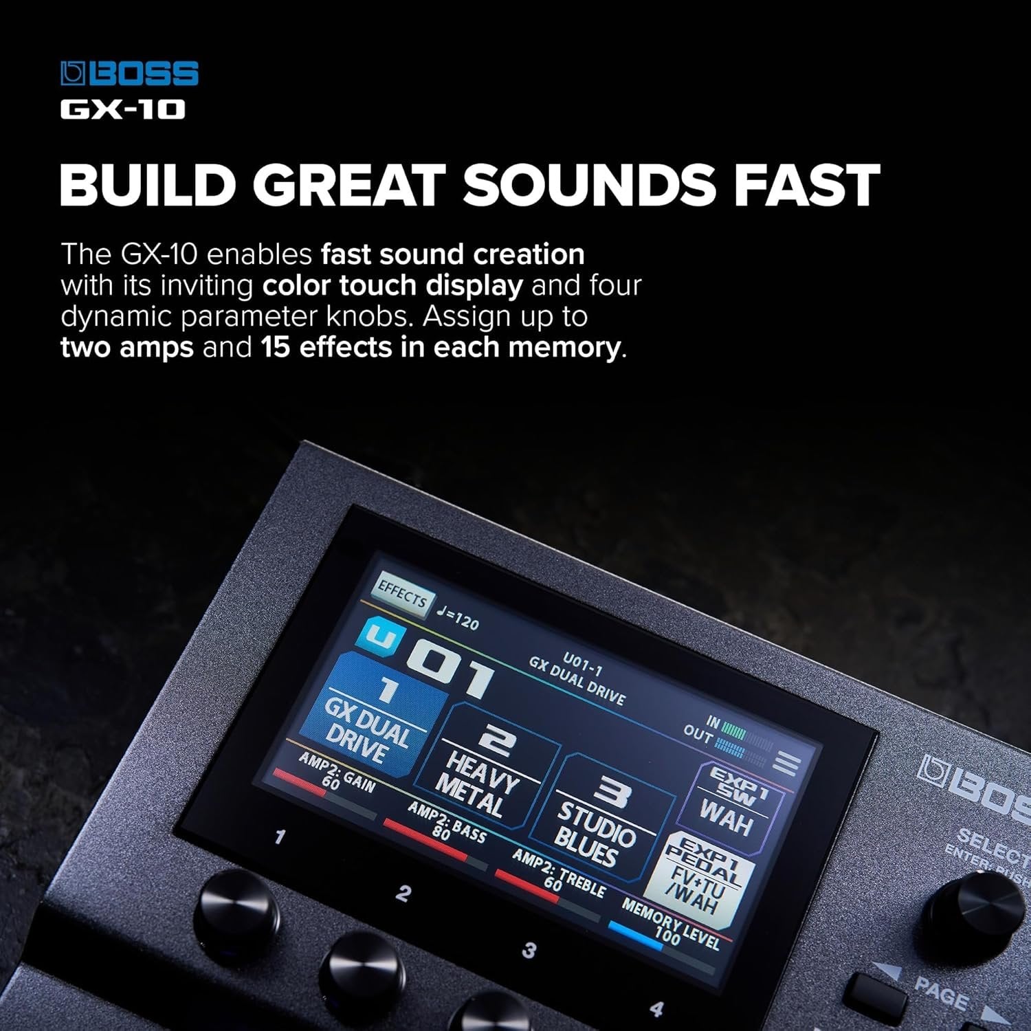 BOSS GX-10 Compact Guitar & Bass Effects Processor, GX-100 Sound Engine, Colour Touch Display, 32 Amp Types & 170 BOSS Effects Multi-mode, Footswitches & Expression Pedal, AIRD Technology