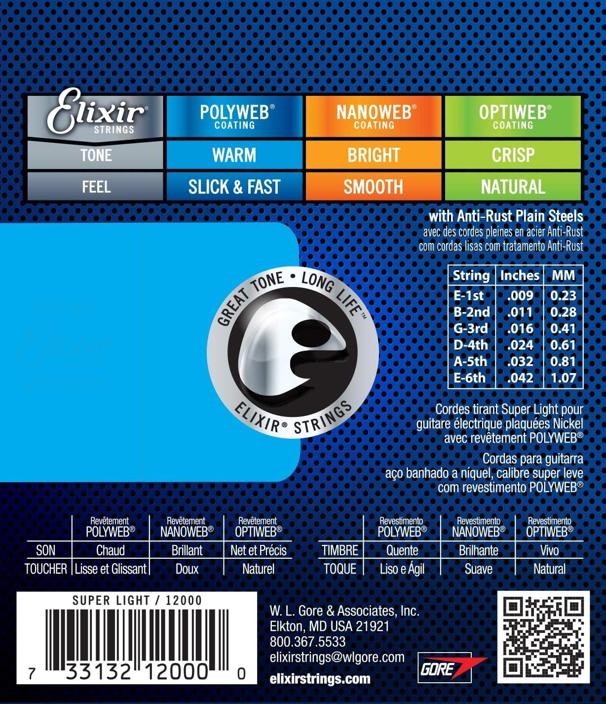 Elixir Strings Electric Guitar Strings w POLYWEB Coating, Super Light (.009-.042) 12000