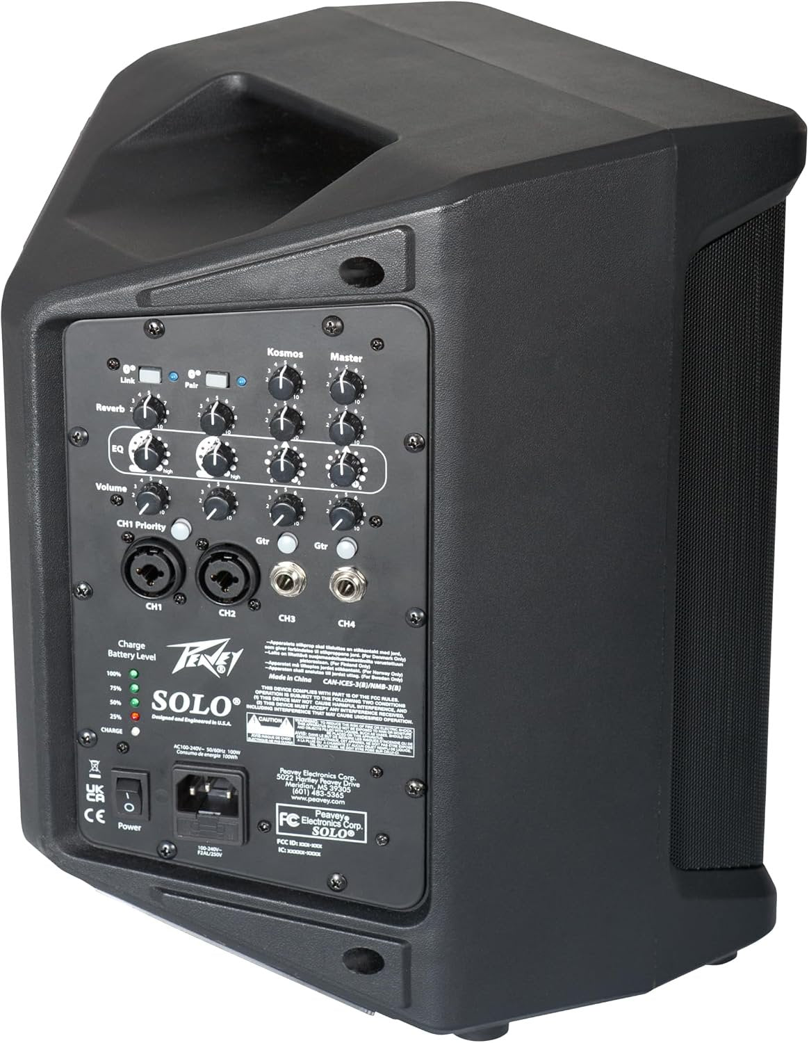 Peavey Solo® Battery Powered Portable PA and Busking Amp, 10-Hour Battery Life, Bluetooth, 4-Channels, Lightweight, Fast Rechargeable Battery, Guitar Input, Reverb Included