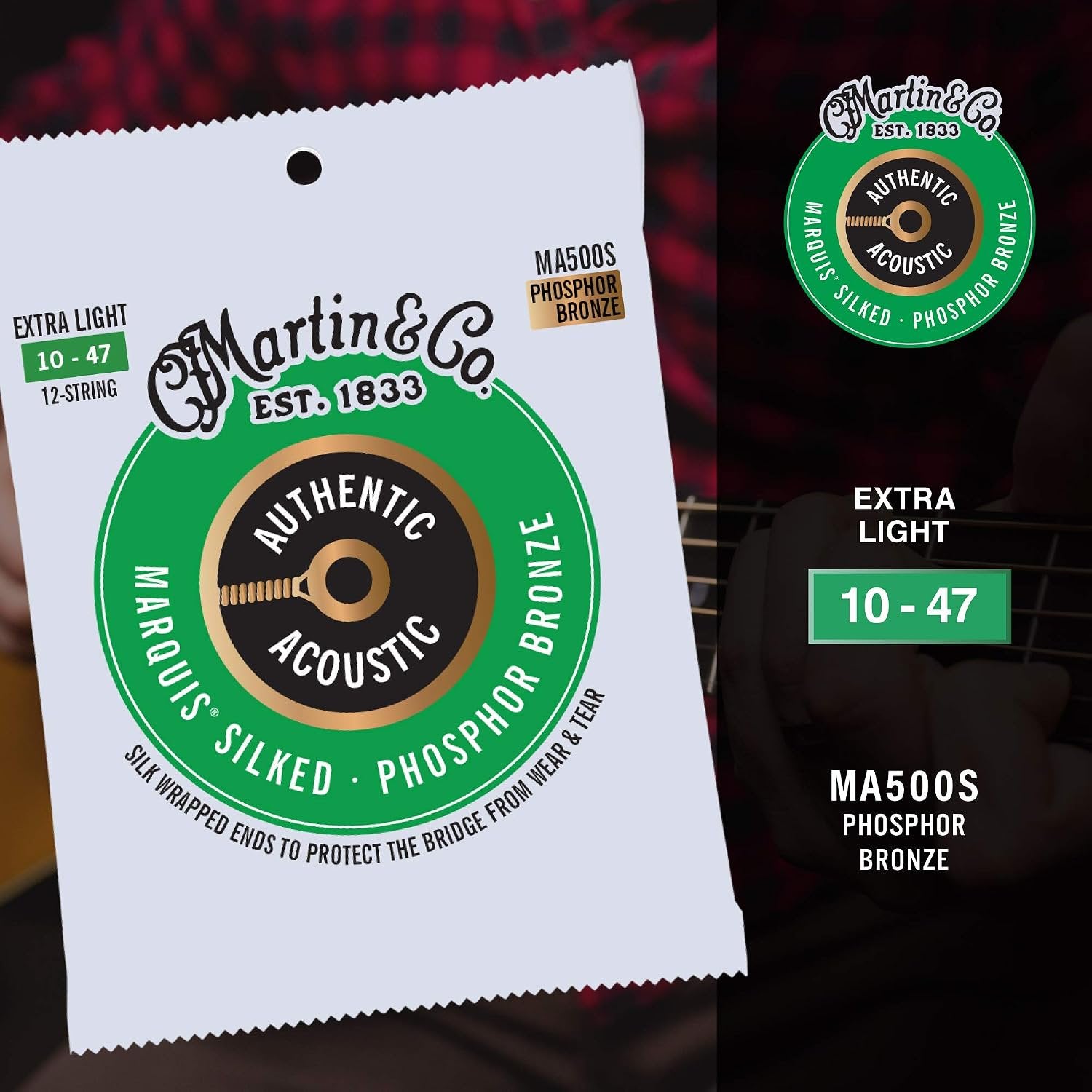 Martin Authentic Acoustic® Marquis® Silked Guitar Strings – Phosphor Bronze, Medium Gauge | Warm, Balanced Tone with Bridge Protection | Silk-Wrapped Ball Ends