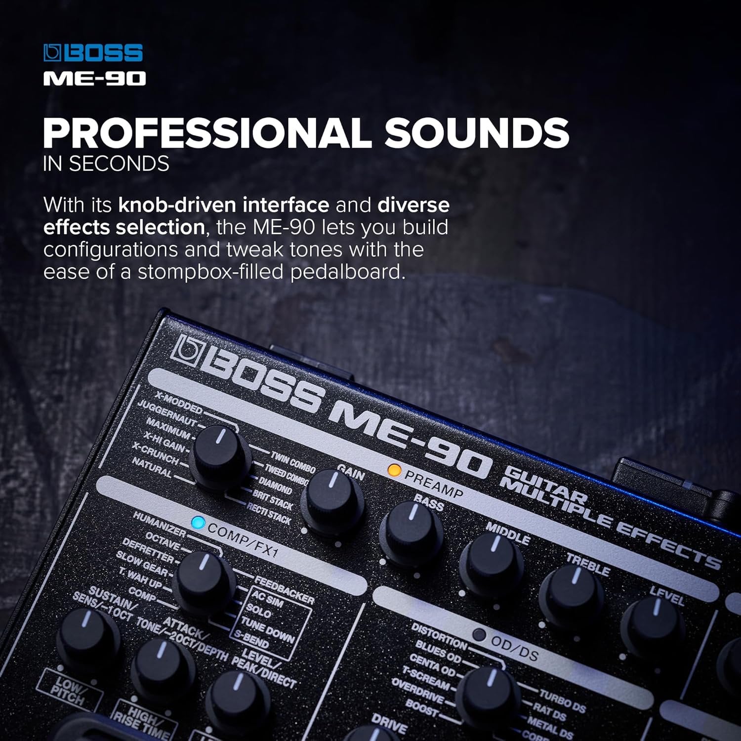 BOSS ME-90 Guitar Multi-Effects | All-In-One Guitar Processor | 11 Onboard AIRD Amp Models | 60 Effects derived from the GT-1000 | 8 Multi-Function Footswitches & Redesigned Expression Pedal