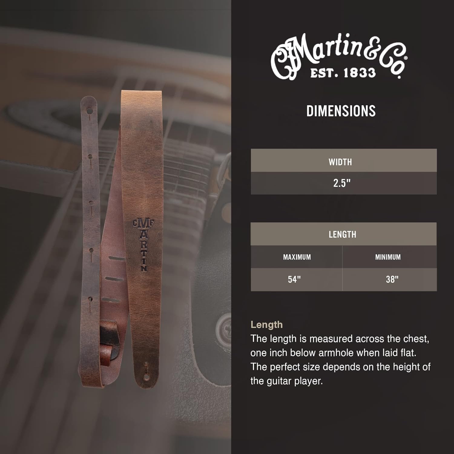 MARTIN Leather Guitar Strap, Leather Strap for Acoustic or Electric Guitars, 2 1/8 Inches, Brown