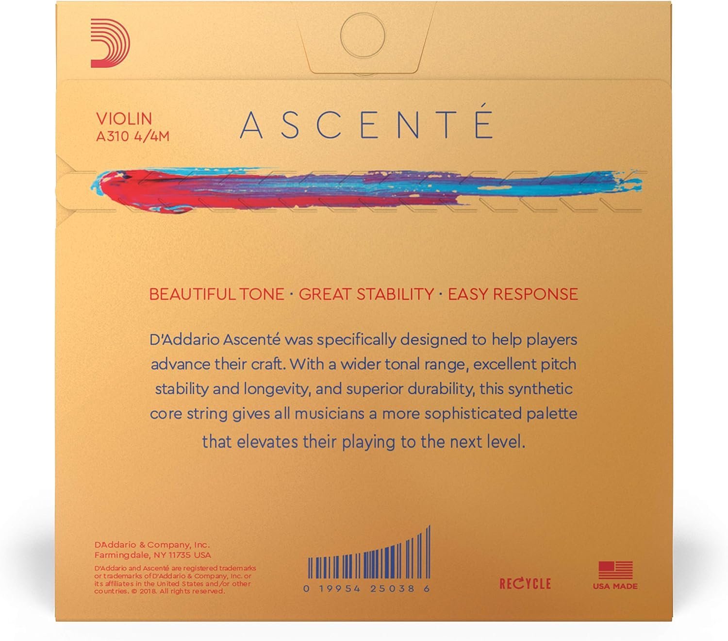 D'Addario Ascente Violin Strings - Violin Strings with Ball Ends, Synthetic Core - A310 4/4M - Full Set - 4/4 Scale - Medium Tension