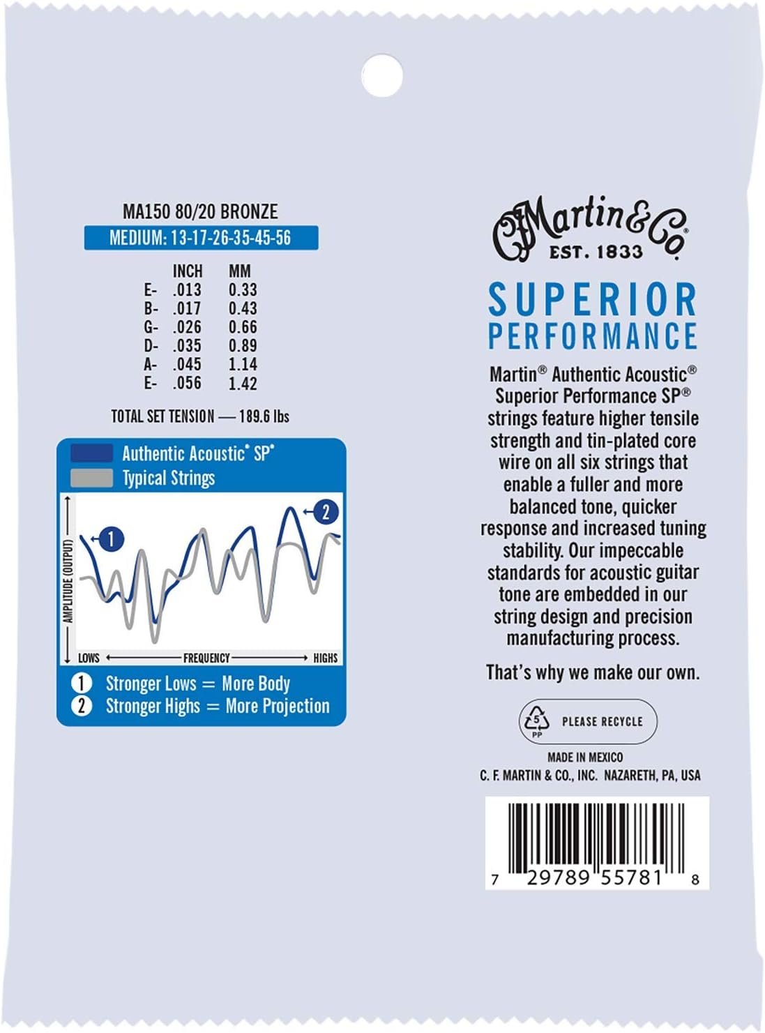 Martin Authentic Acoustic Guitar Strings, Superior Performance Medium 13-56, 80/20 Bronze
