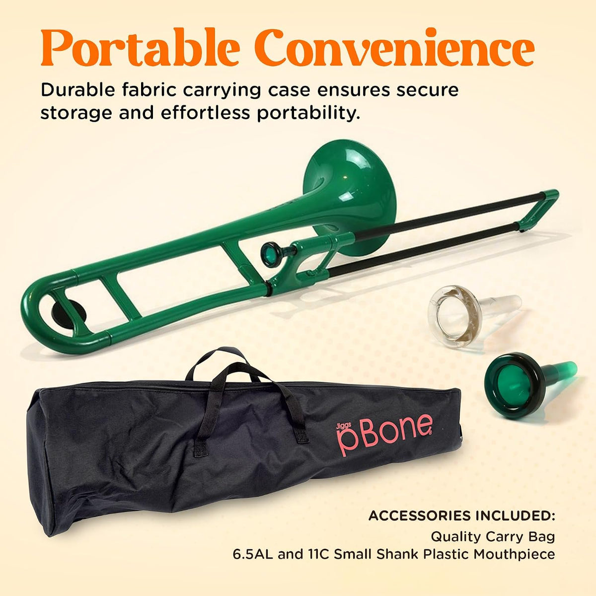 pBone Bb Plastic Trombone - Lightweight pInstruments Design with Ergonomic Grip & Carrying Bag - Authentic Bb Sound for Students & Beginners - Durable ABS - Green