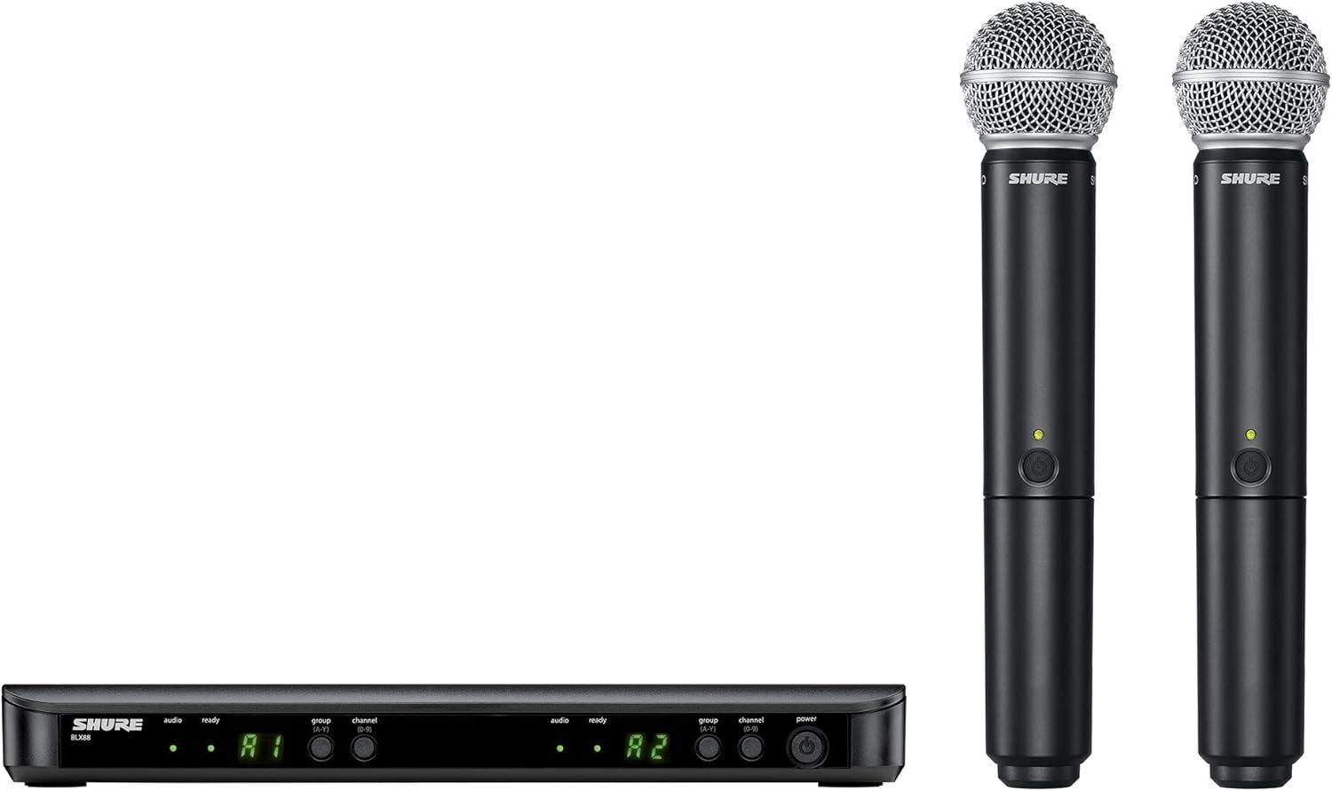 Shure BLX288/SM58 UHF Wireless Microphone System - Perfect for Church, Karaoke, Vocals - 14-Hour Battery Life, 300 ft Range | Includes (2) SM58 Handheld Vocal Mics, Dual Channel Receiver | H10 Band
