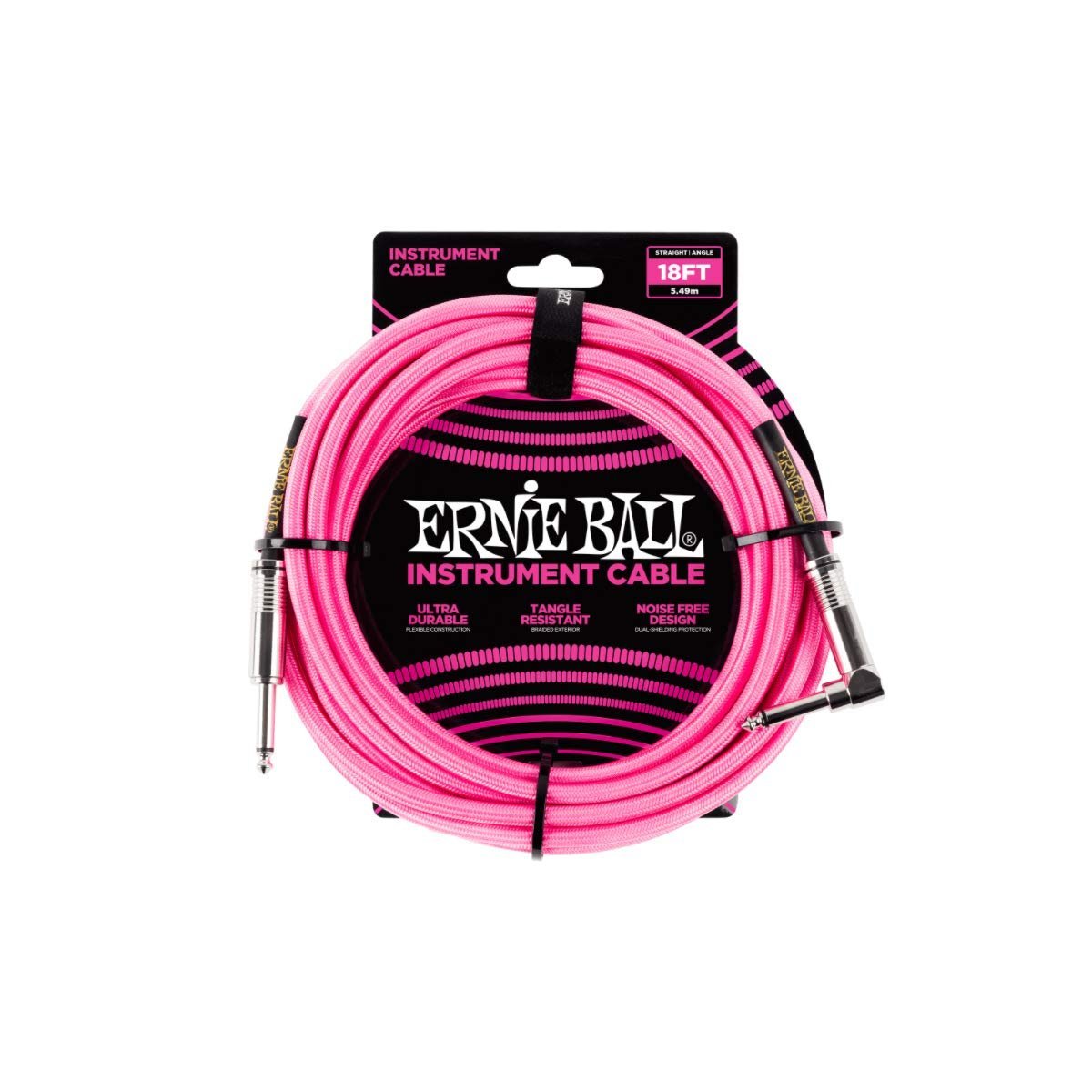Ernie Ball Braided Instrument Cable, Straight/Angle, 18ft, Neon Pink (P06083)