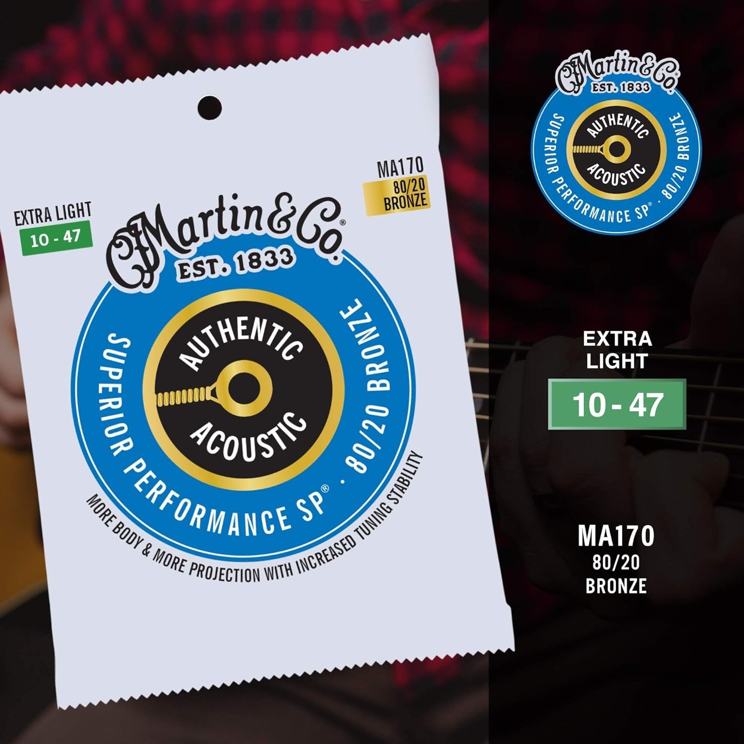 Martin Authentic Acoustic Guitar Strings, Superior Performance Extra Light 10-47, 80/20 Bronze