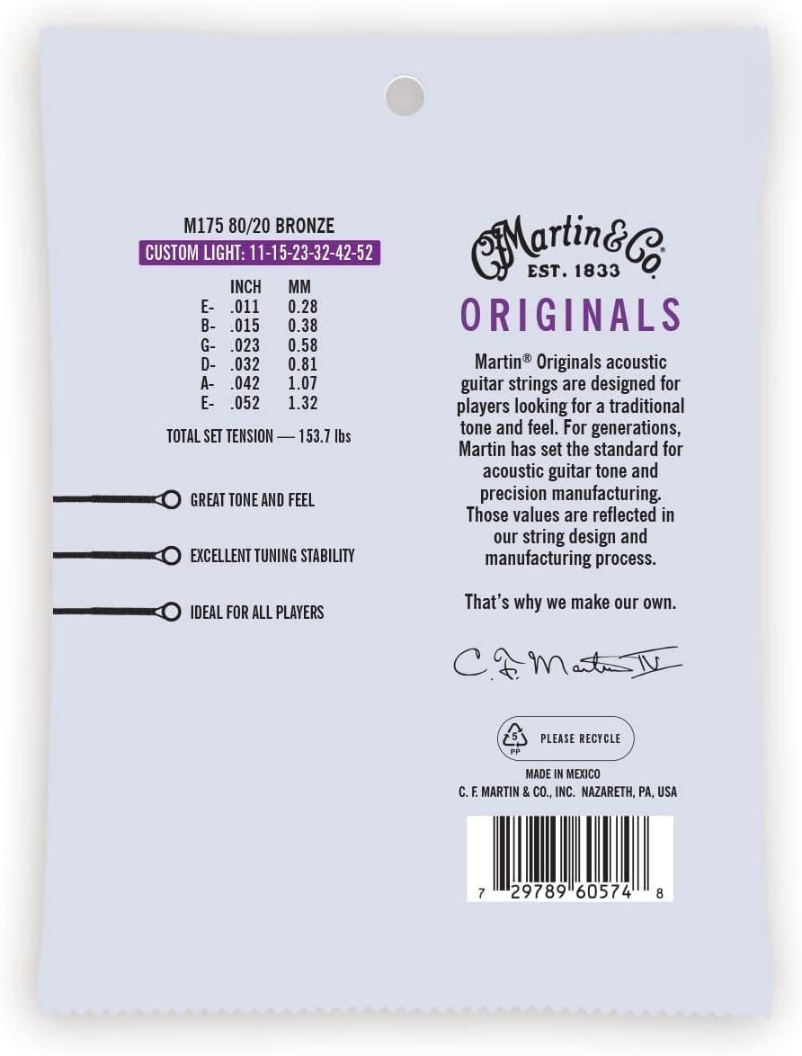 Martin Originals M175 Acoustic Guitar Strings, 80/20 Bronze Custom Light, (41Y20M175)