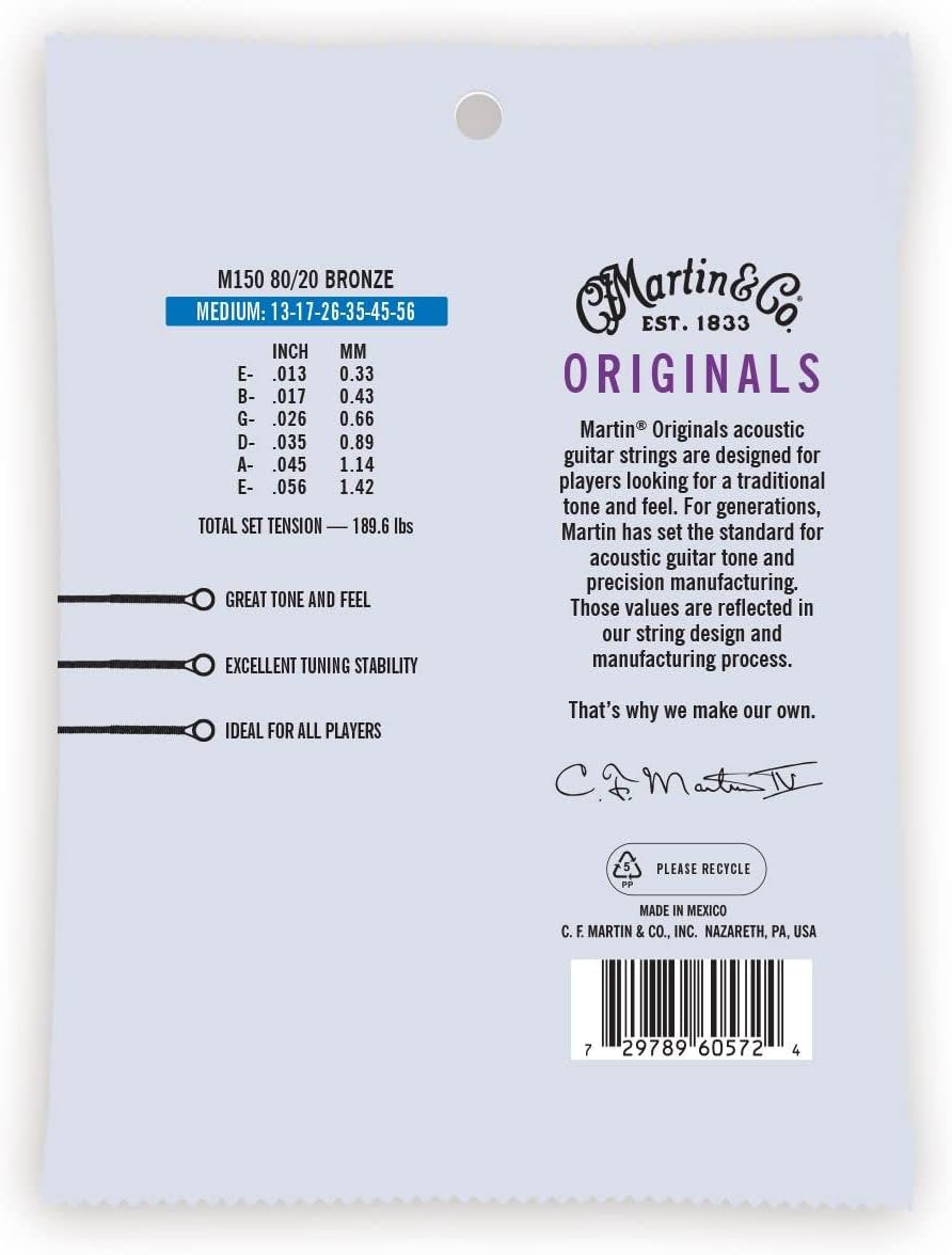 Martin Originals M150 Acoustic Guitar Strings, 80/20 Bronze Medium, (41Y20M150)