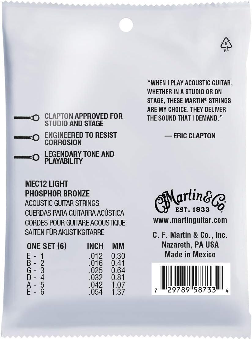 Martin Guitar Eric Clapton's Choice MEC12, 92/8 Phosphor Bronze Light-Gauge Acoustic Guitar Strings