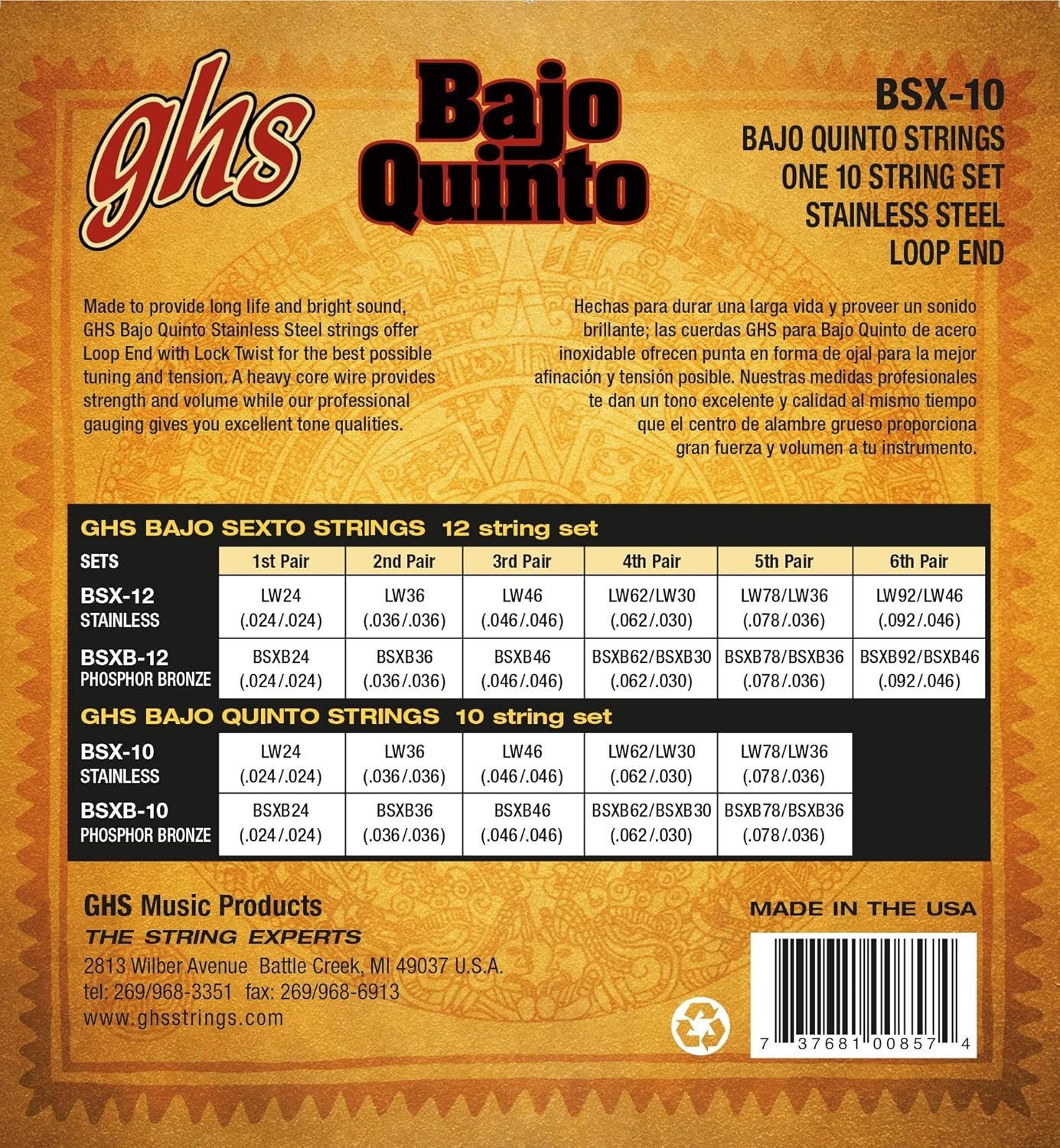 GHS Strings GHS Stainless Steel Bajo Quinto Strings-Loop End (BSX-10)