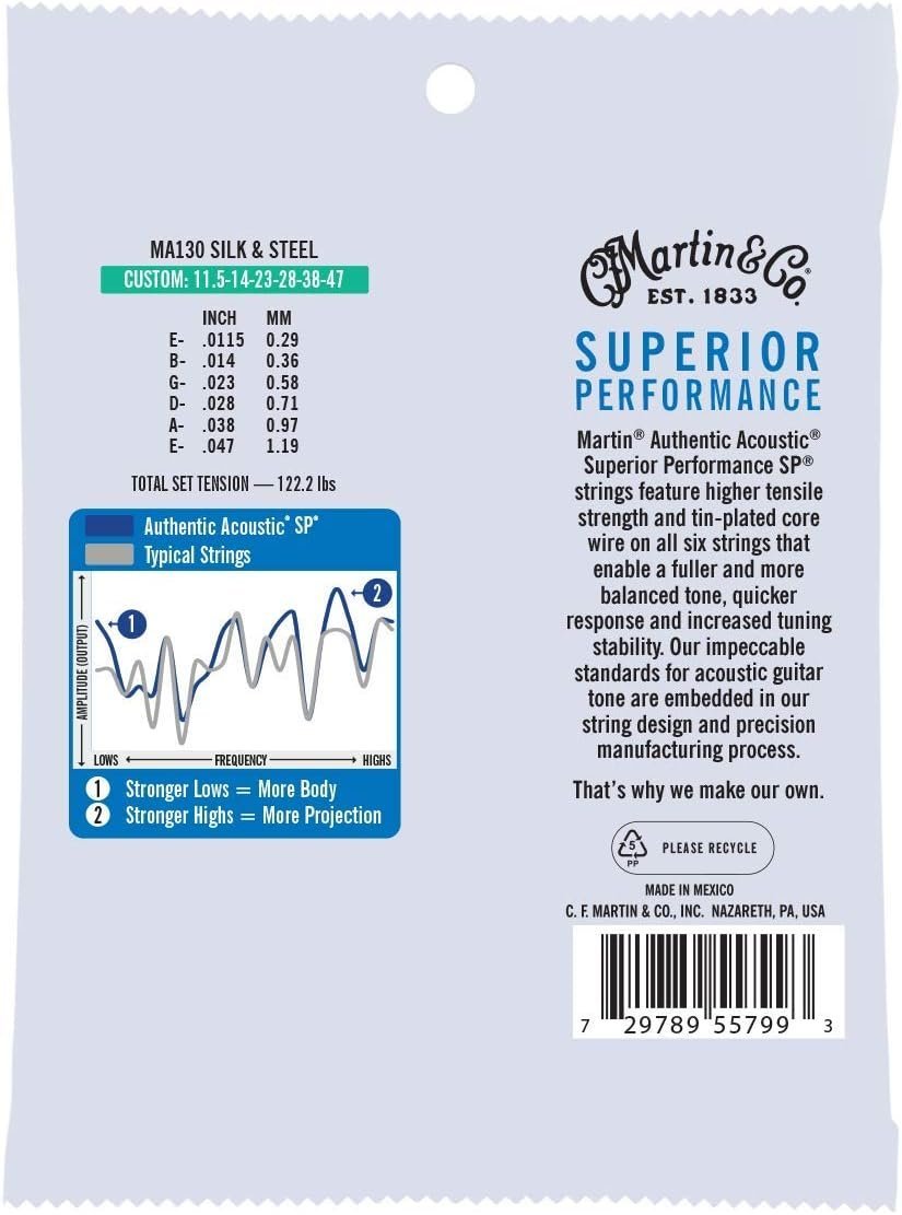 Martin Authentic Acoustic Guitar Strings, Superior Performance Custom 11.5-47, Silk & HT Steel