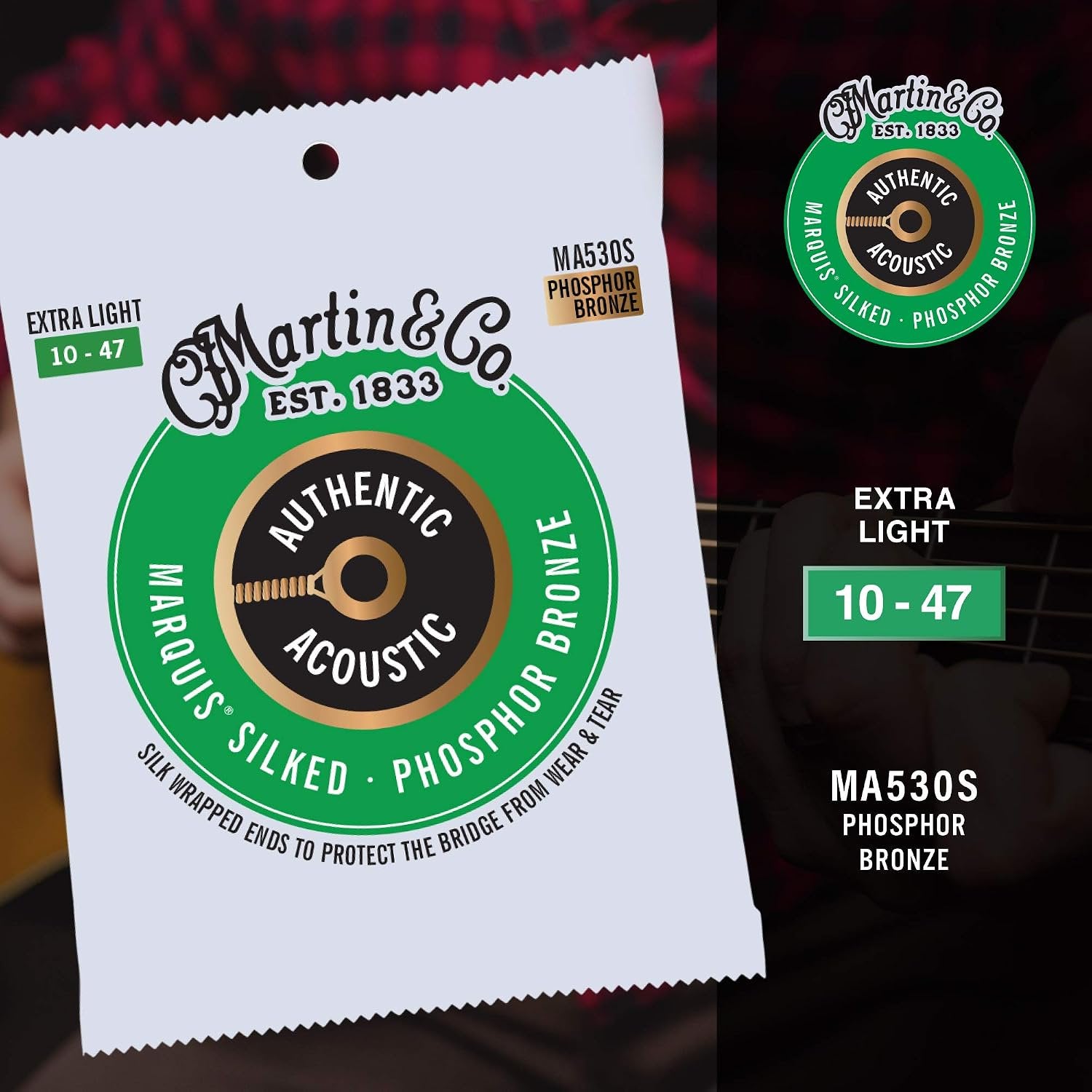 Martin Authentic Acoustic® Marquis® Silked Guitar Strings – Phosphor Bronze, Extra Light Gauge | Warm, Balanced Tone with Bridge Protection | Silk-Wrapped Ball Ends
