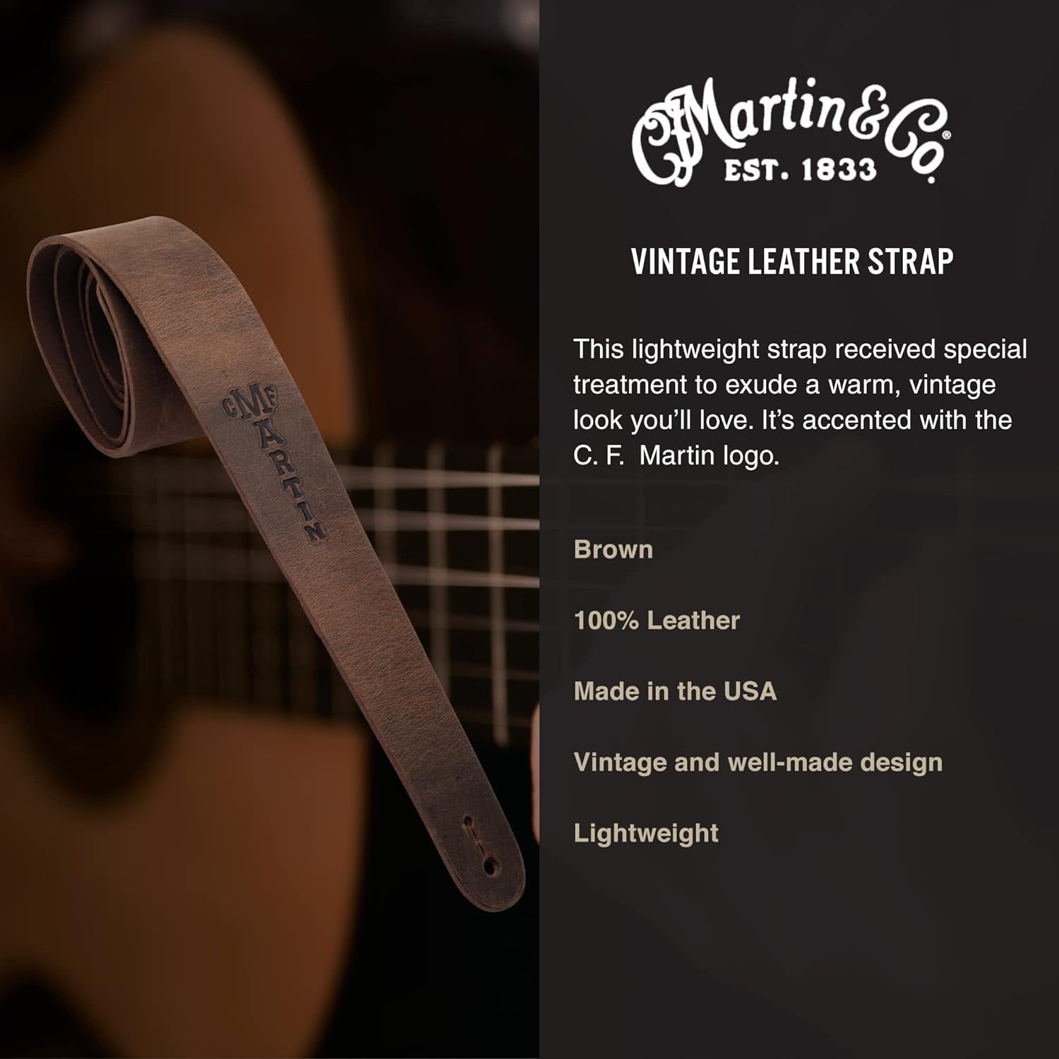 MARTIN Leather Guitar Strap, Leather Strap for Acoustic or Electric Guitars, 2 1/8 Inches, Brown