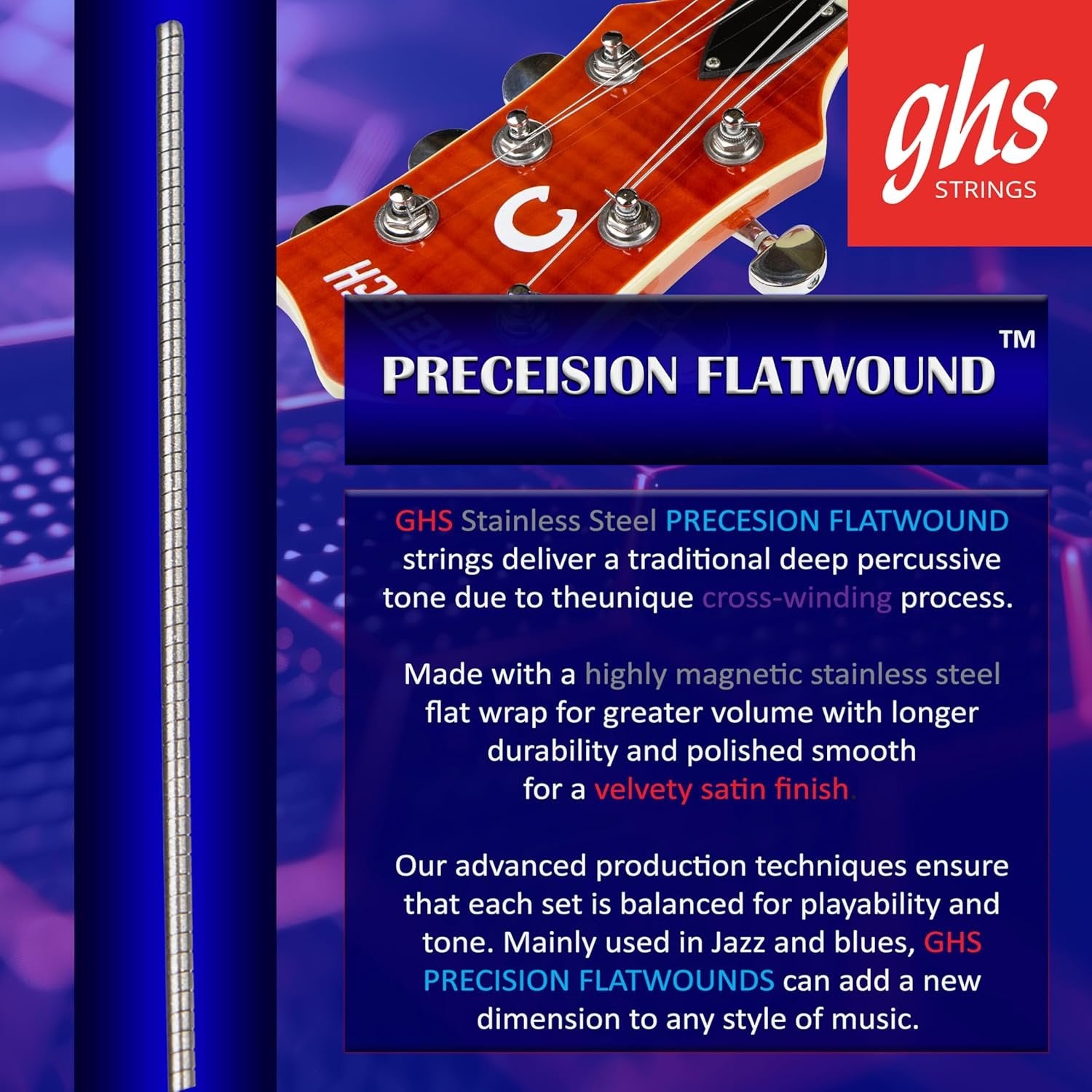 GHS Strings Stainless Steel Precision Flatwound Electric Guitar Strings, Extra Light, 11-46 - Model: 800 SET