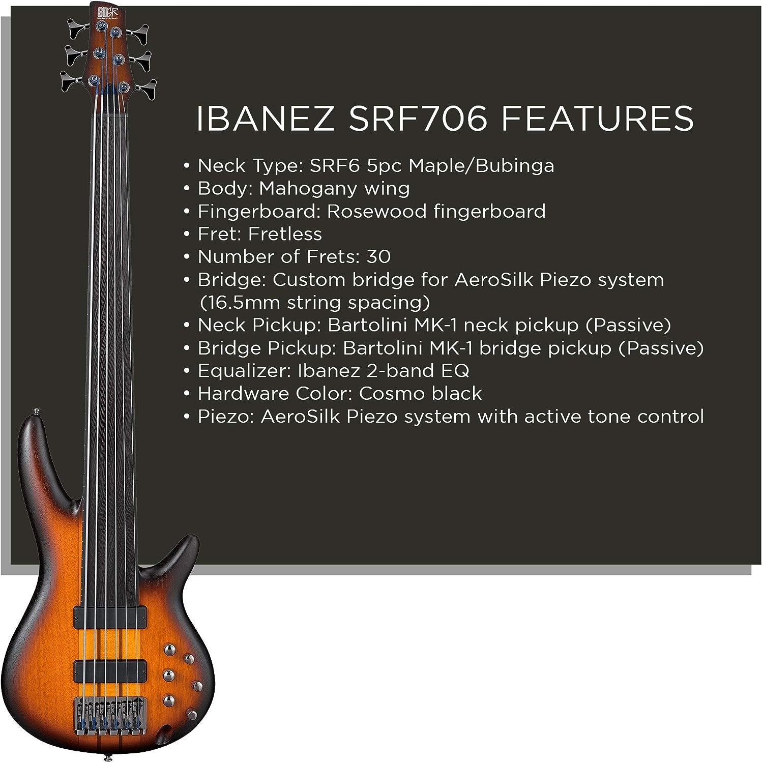 Ibanez SRF706 6-String Fretless Electric Bass Guitar Flat Brown Burst