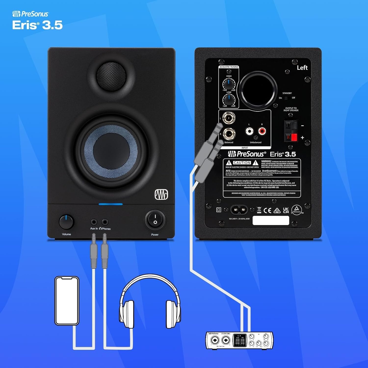 PreSonus Eris 3.5 Gen 2 — 3.5-inch Powered Desktop Speakers for Multimedia, Gaming, Studio-Quality Music Production, 50W Power