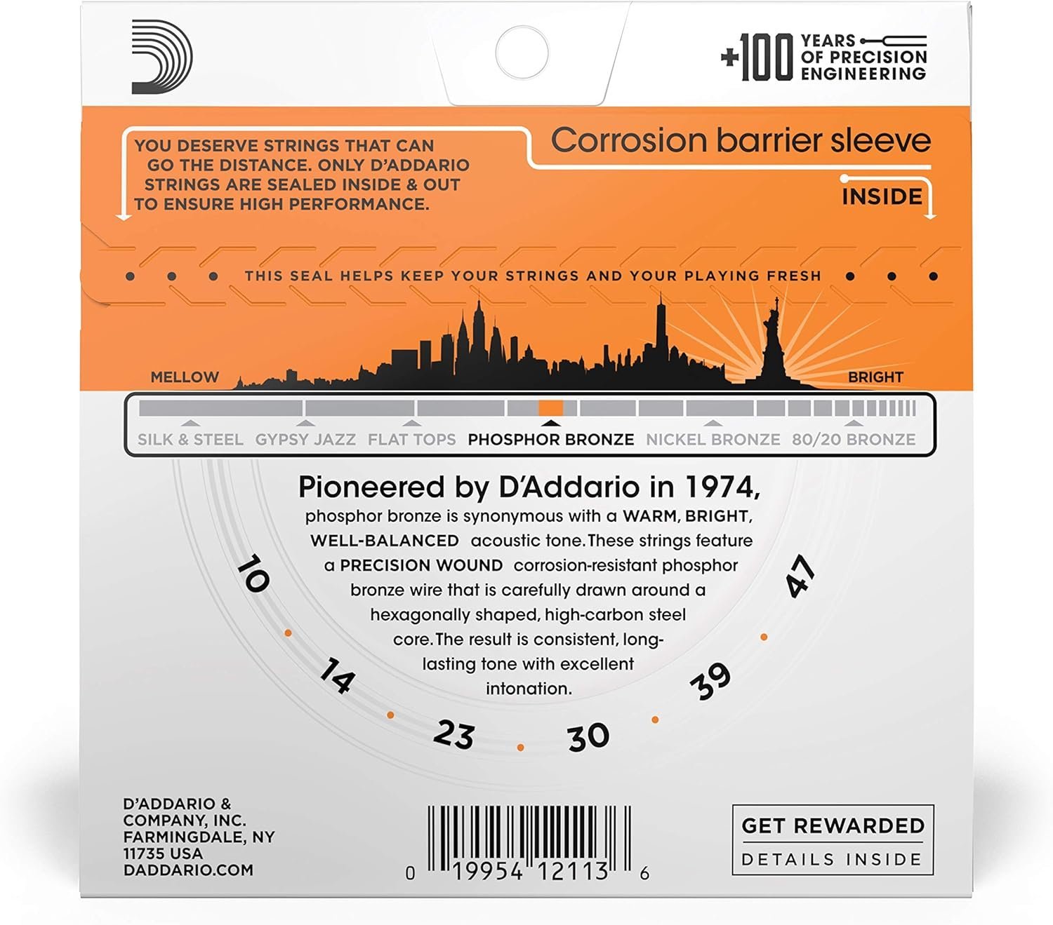 D'Addario Guitar Strings - Phosphor Bronze Acoustic Guitar Strings - EJ15 - Rich, Full Tonal Spectrum - For 6 String Guitars - 10-47 Extra Light