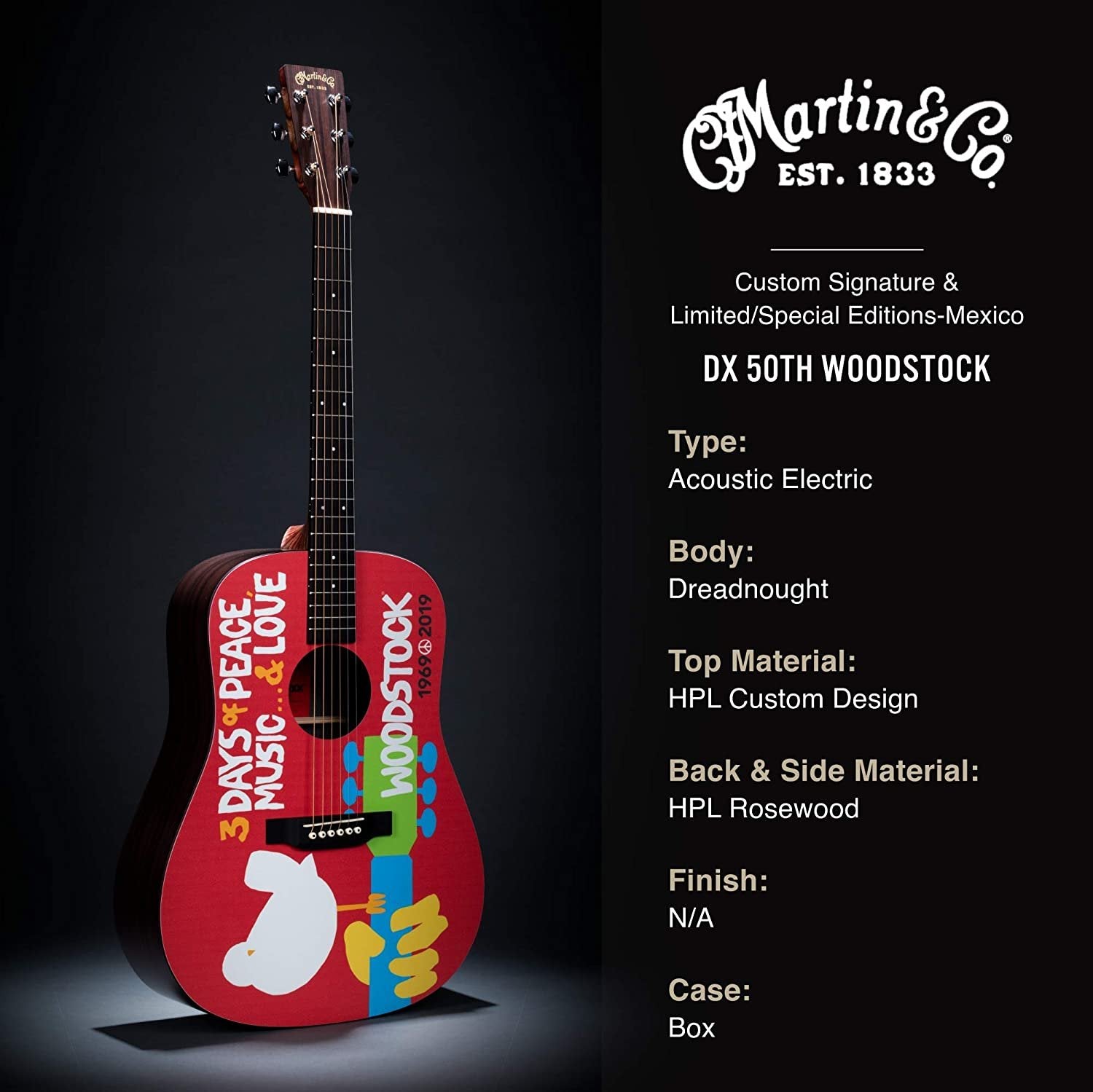 Martin Guitars DX Woodstock 50th Special Edition Acoustic-Electric Guitar, HPL Construction, Modified D-14 Fret, and Performing Artist Neck Shape