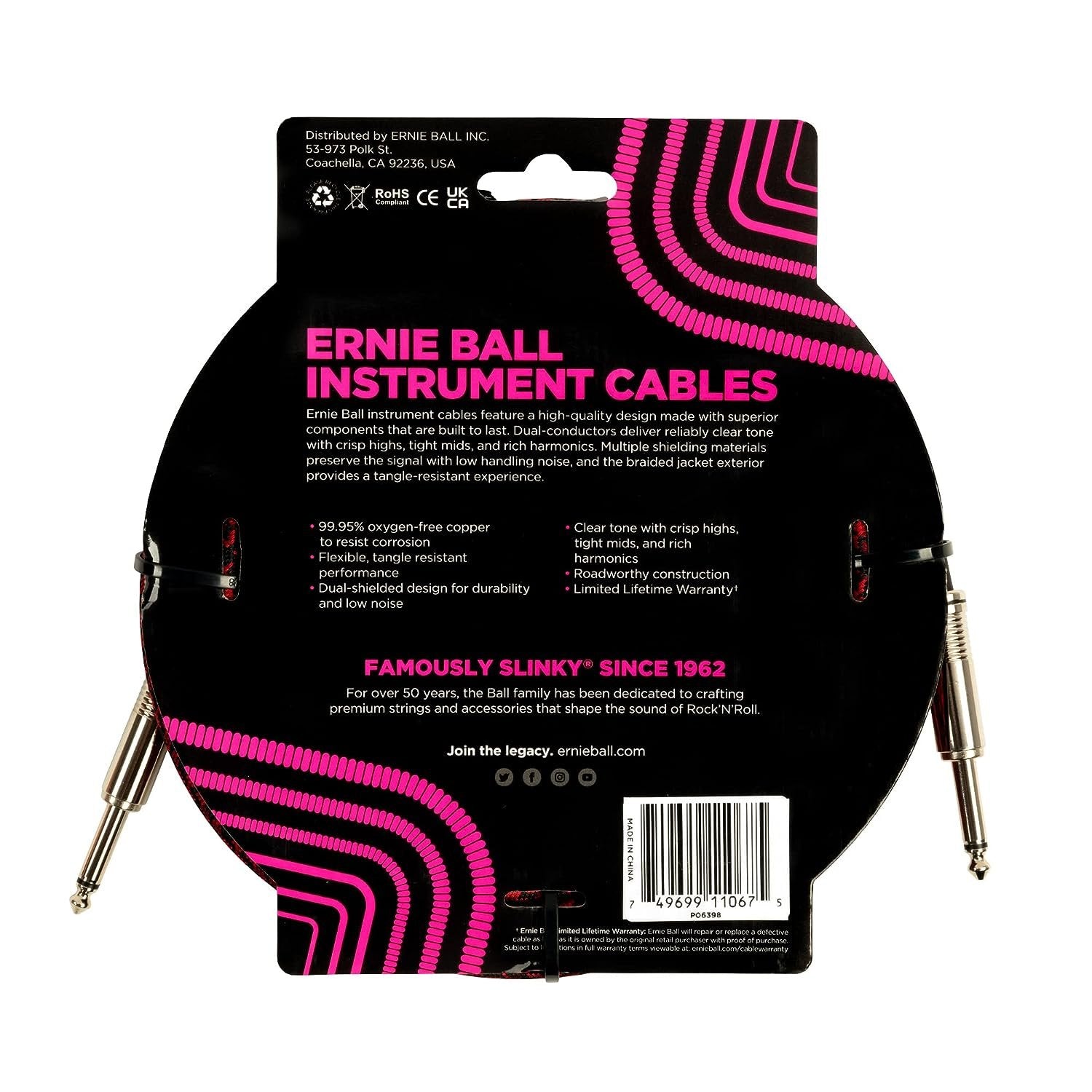 Ernie Ball Braided Instrument Cable, Straight Straight, 25ft, Red/Black