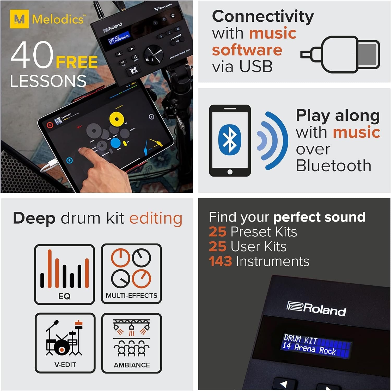 Roland TD-07KVX Electronic V-Drums Kit – with VH-10 Floating Hi-Hat and Best-Ever Cymbals – Bluetooth Audio & MIDI – 40 Free Melodics Lessons,Black