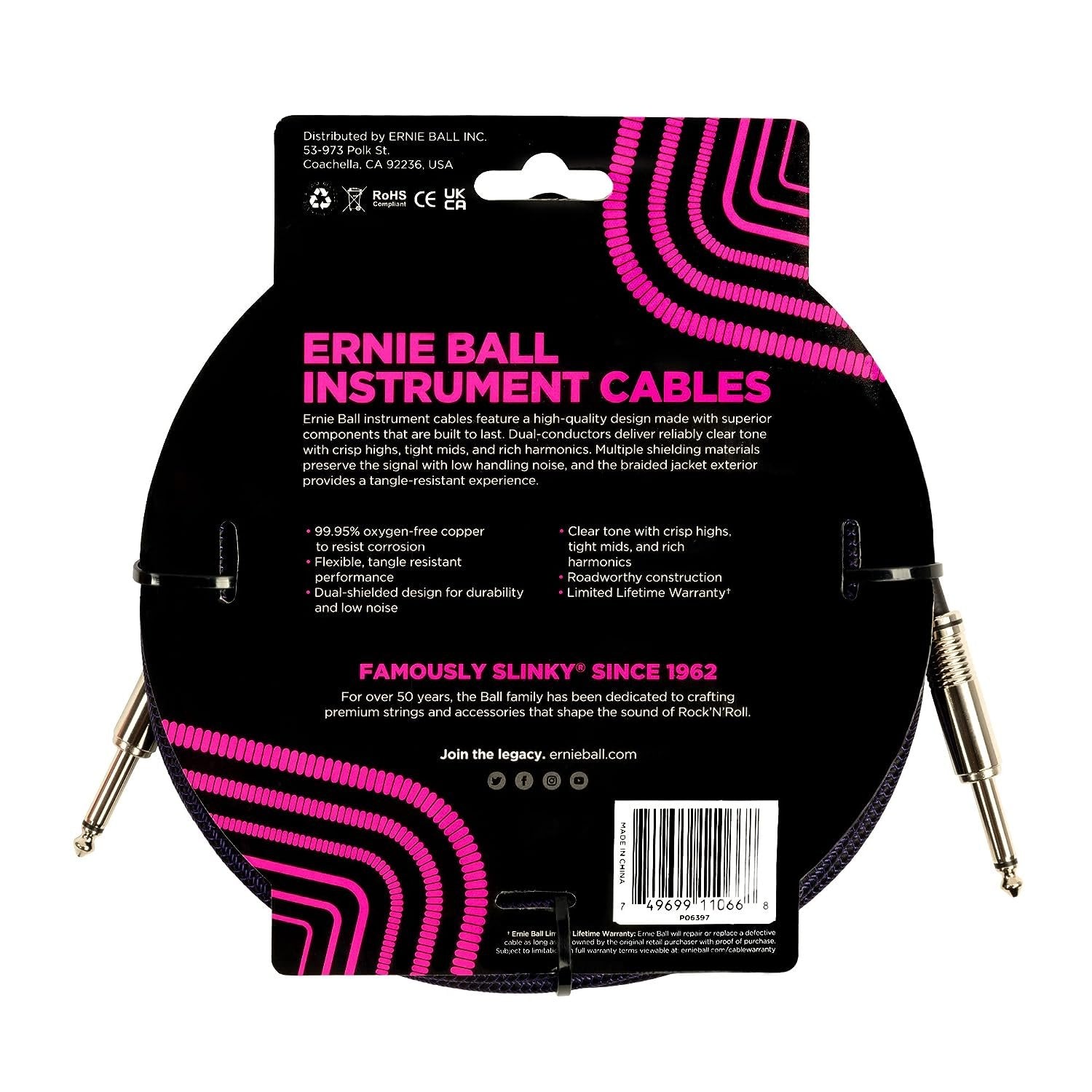 Ernie Ball Braided Instrument Cable, Straight Straight, 25ft, Purple/Black