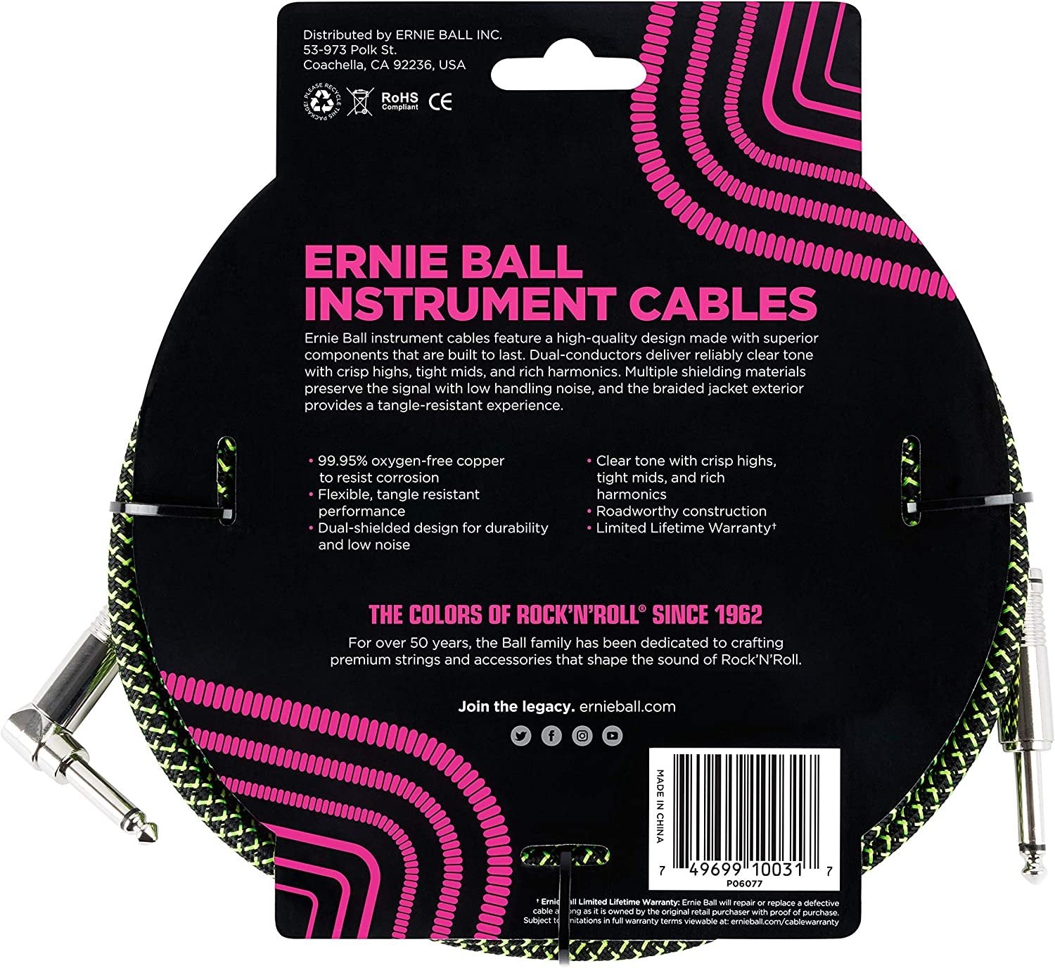 Ernie Ball Braided Instrument Cable, Straight/Angle, 10ft, Neon Green/Black (P06077)