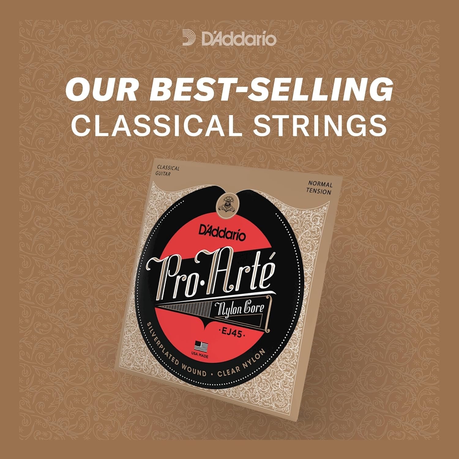 D'Addario Guitar Strings - Pro-Arte Classical Guitar Strings - EJ44 - Nylon Guitar Strings - Silver Plated Wound, Nylon Core - Extra-Hard Tension, 1-Pack