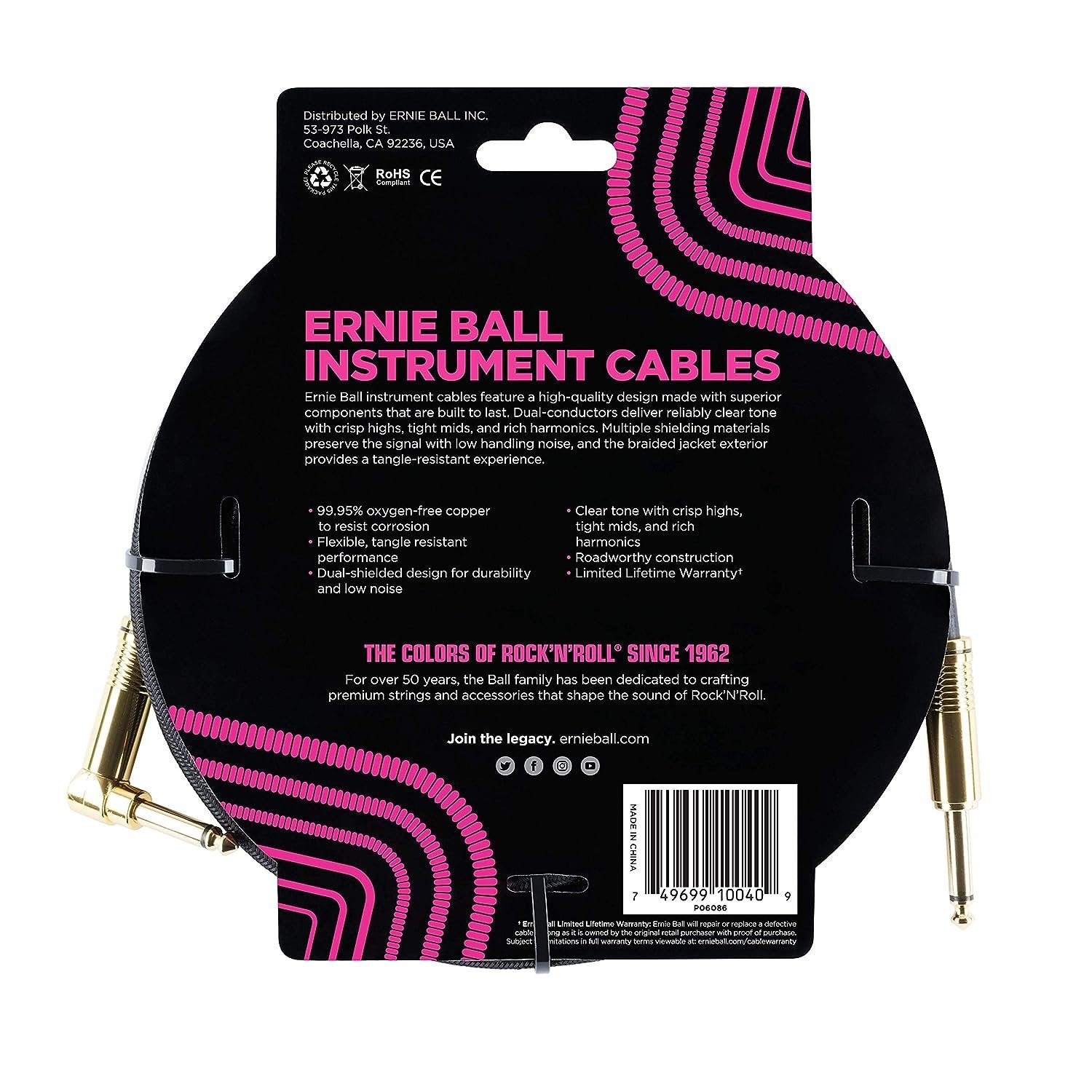 Ernie Ball Braided Instrument Cable, Straight/Angle, 18ft, Black (P06086)