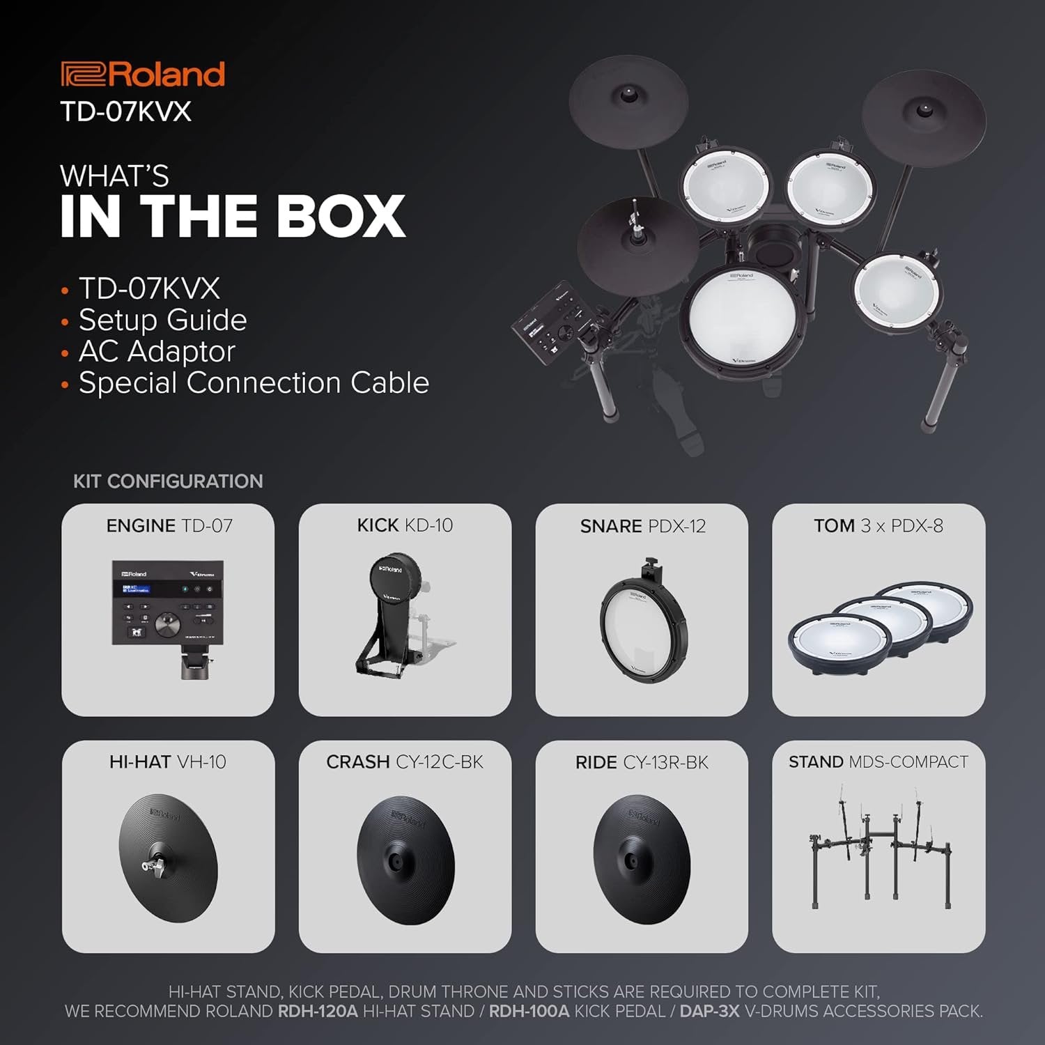 Roland TD-07KVX Electronic V-Drums Kit – with VH-10 Floating Hi-Hat and Best-Ever Cymbals – Bluetooth Audio & MIDI – 40 Free Melodics Lessons,Black