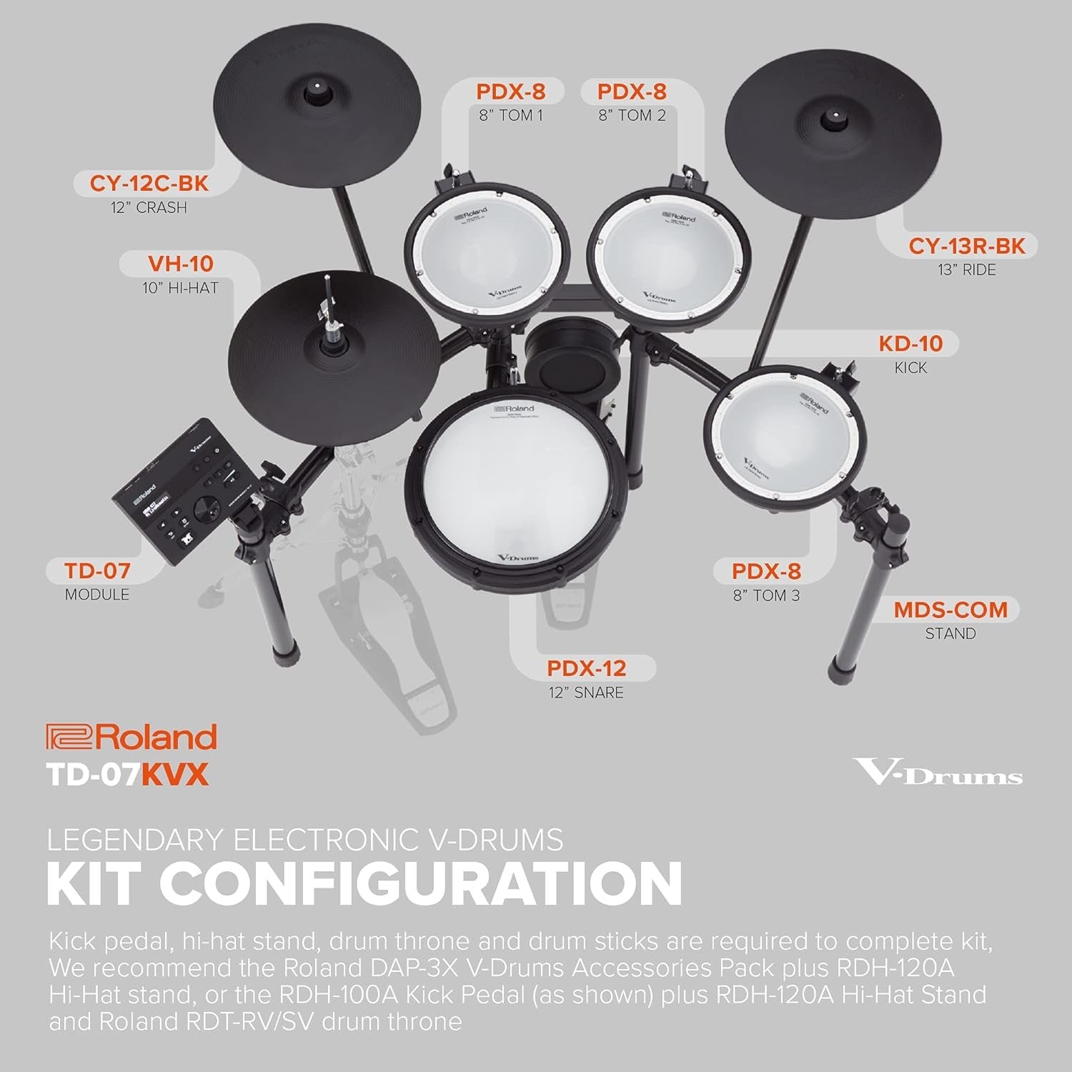 Roland TD-07KVX Electronic V-Drums Kit – with VH-10 Floating Hi-Hat and Best-Ever Cymbals – Bluetooth Audio & MIDI – 40 Free Melodics Lessons,Black