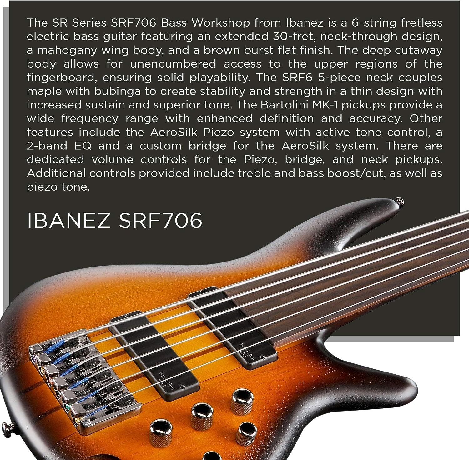 Ibanez SRF706 6-String Fretless Electric Bass Guitar Flat Brown Burst