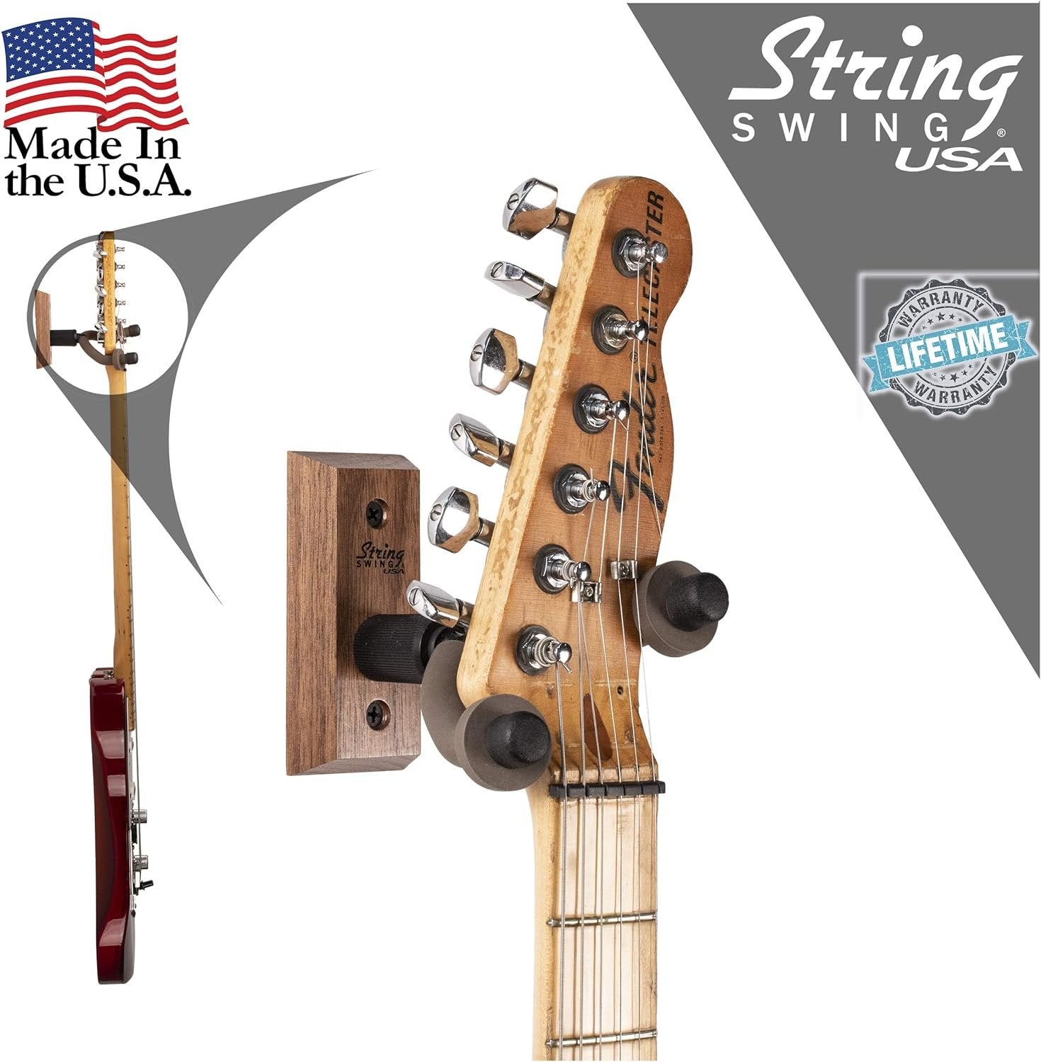 String Swing Guitar Hanger Wall Mount For Classical Guitars- Black Walnut CC01-BW Made in the USA