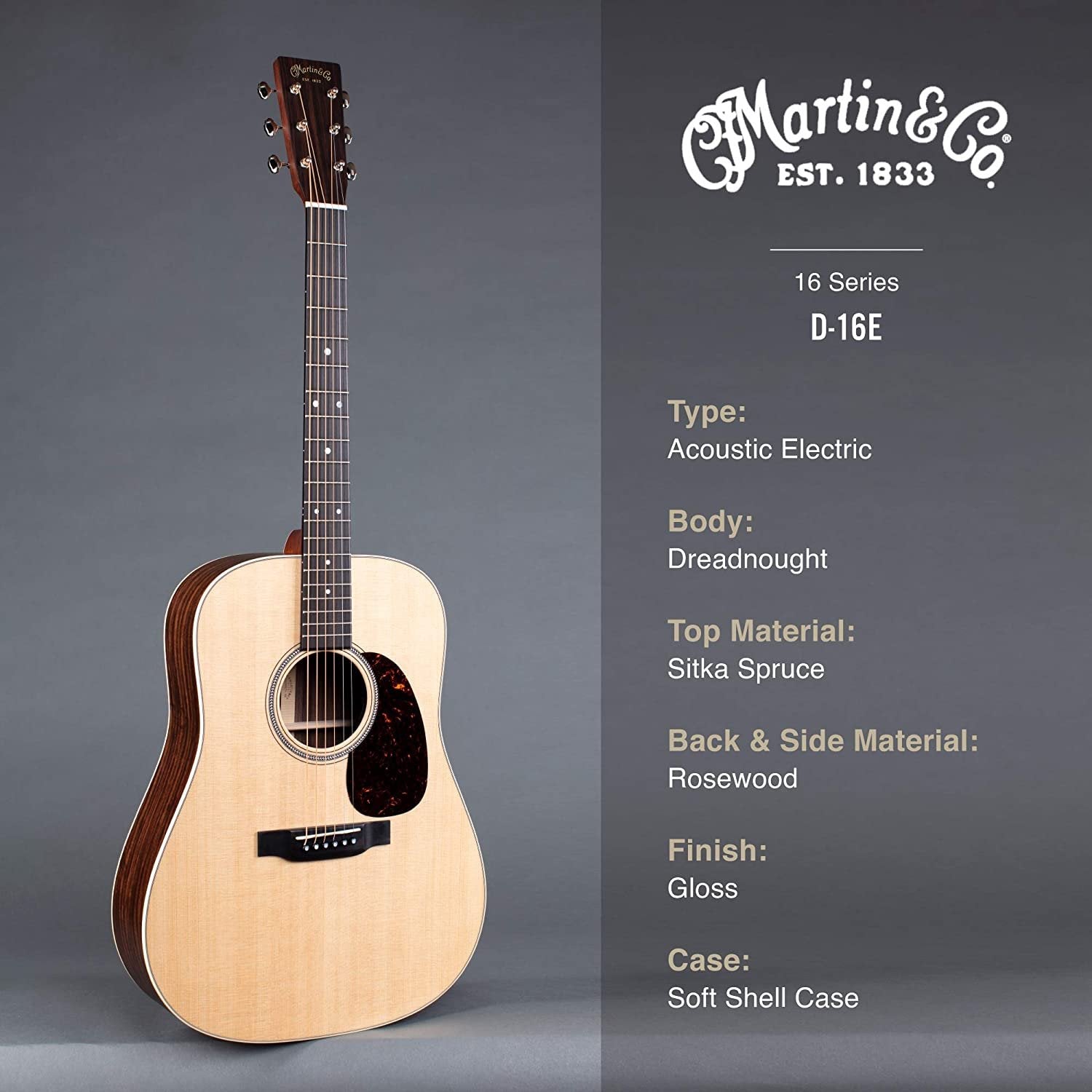 Martin D-16E Rosewood with Gig Bag, Acoustic-Electric Guitar
