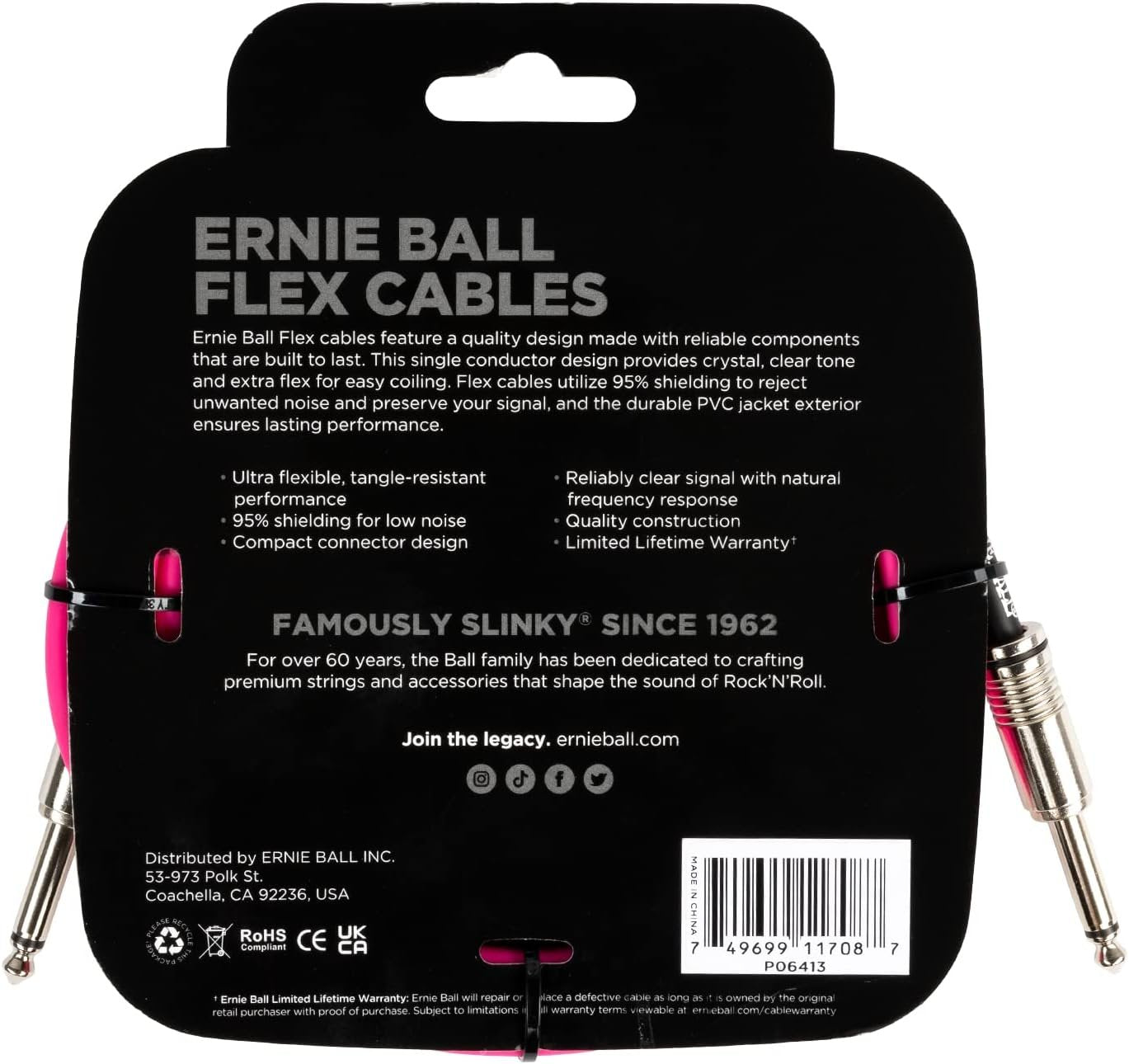 Ernie Ball Flex Instrument Cable Straight/Straight 10ft - Pink