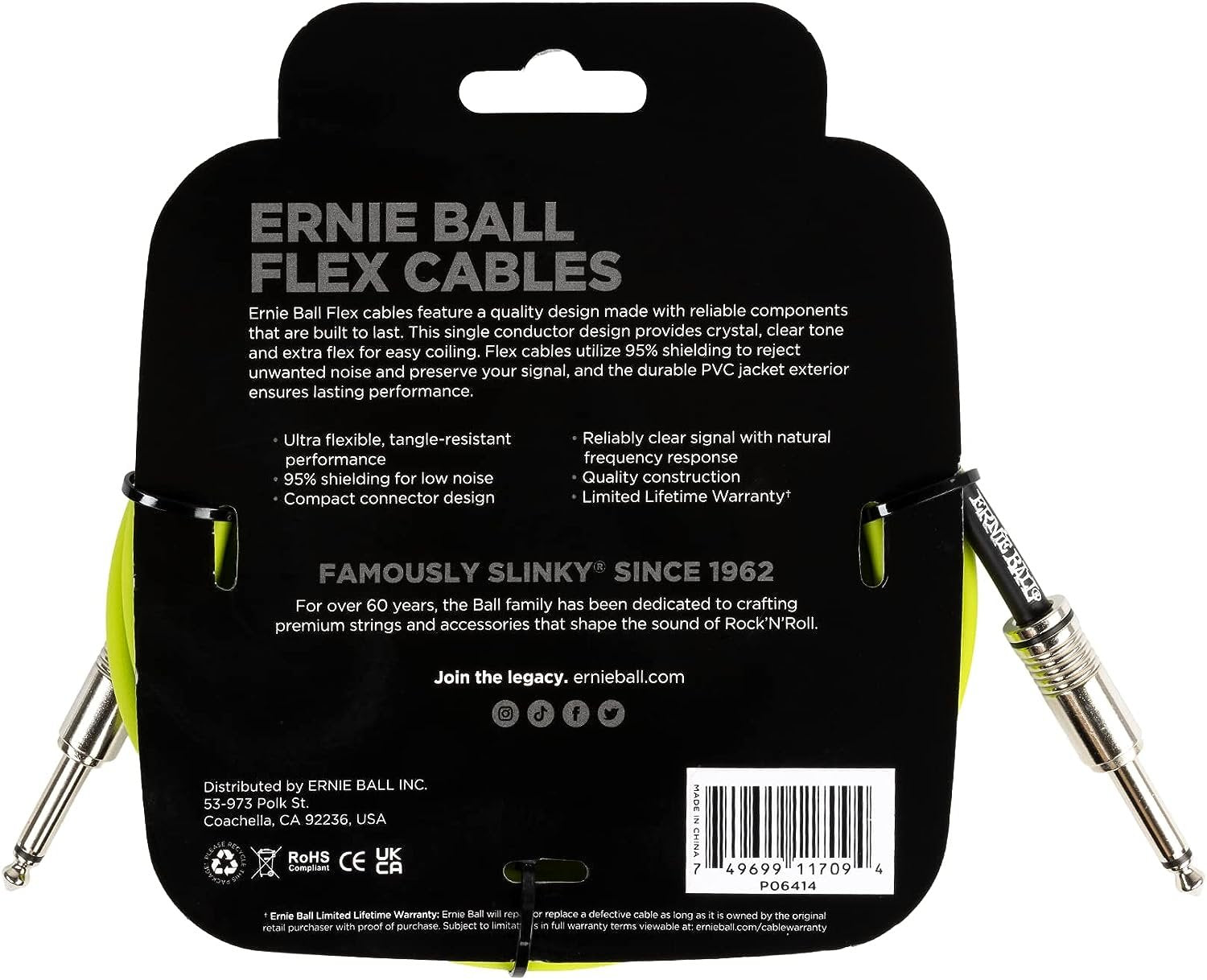 Ernie Ball Flex Instrument Cable Straight/Straight 10ft - Green